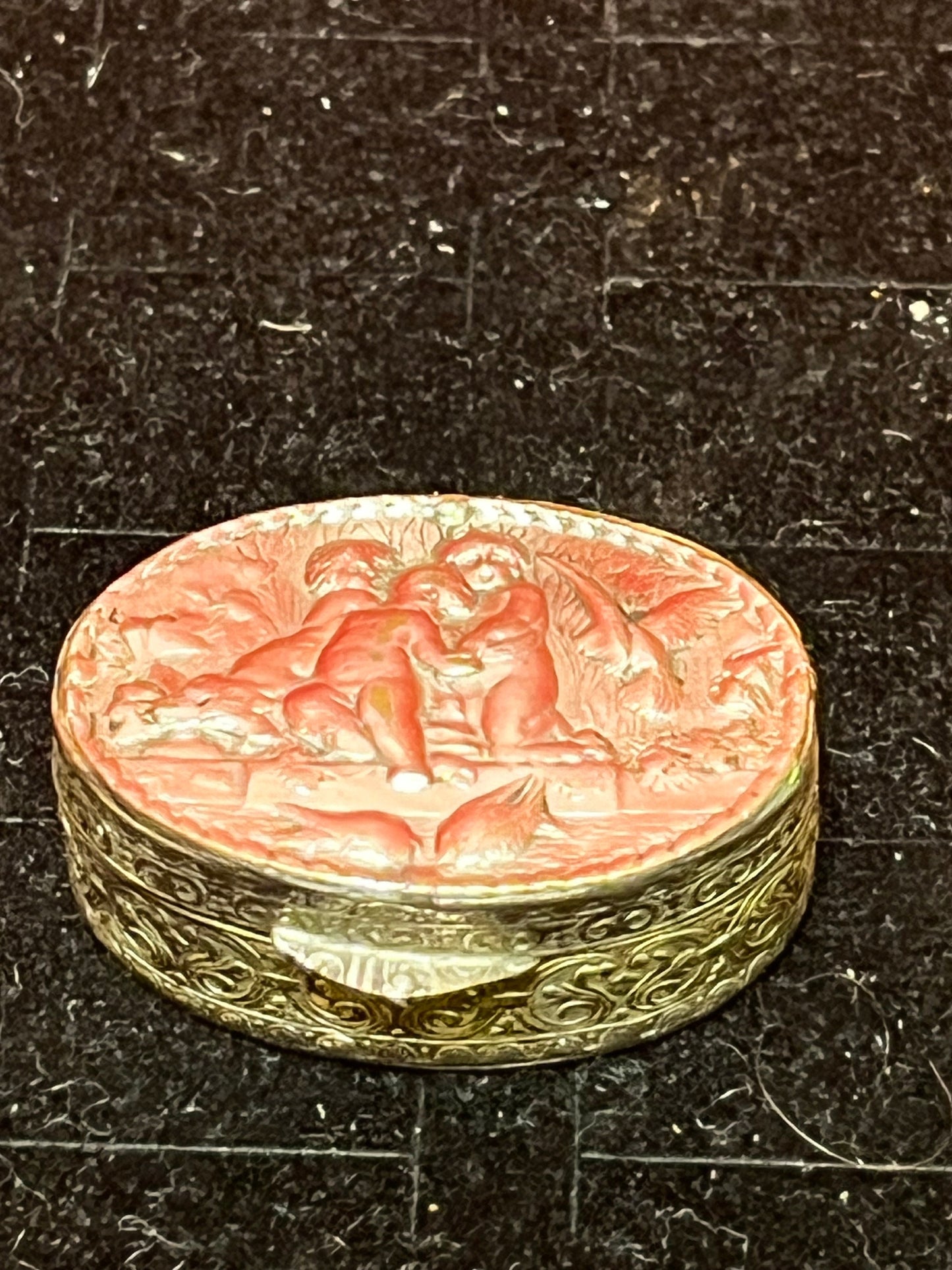 Lovely 1.5 inch Italian untested silver pillbox depicting cherubs dancing beautiful gift