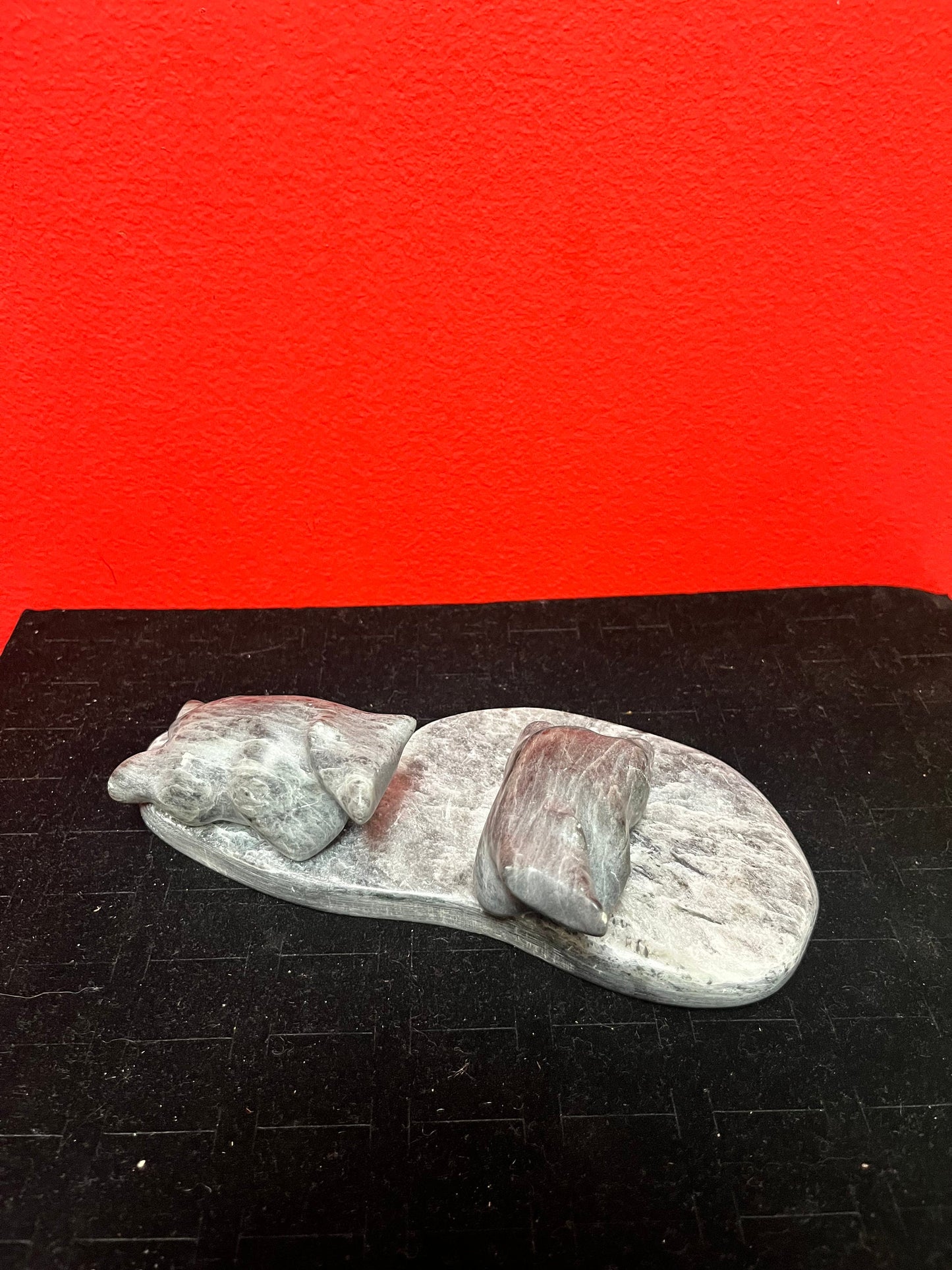 Lovely 7 x 3 x 2 high indigenous inuit soapstone bears playing in a pond  lovely condition