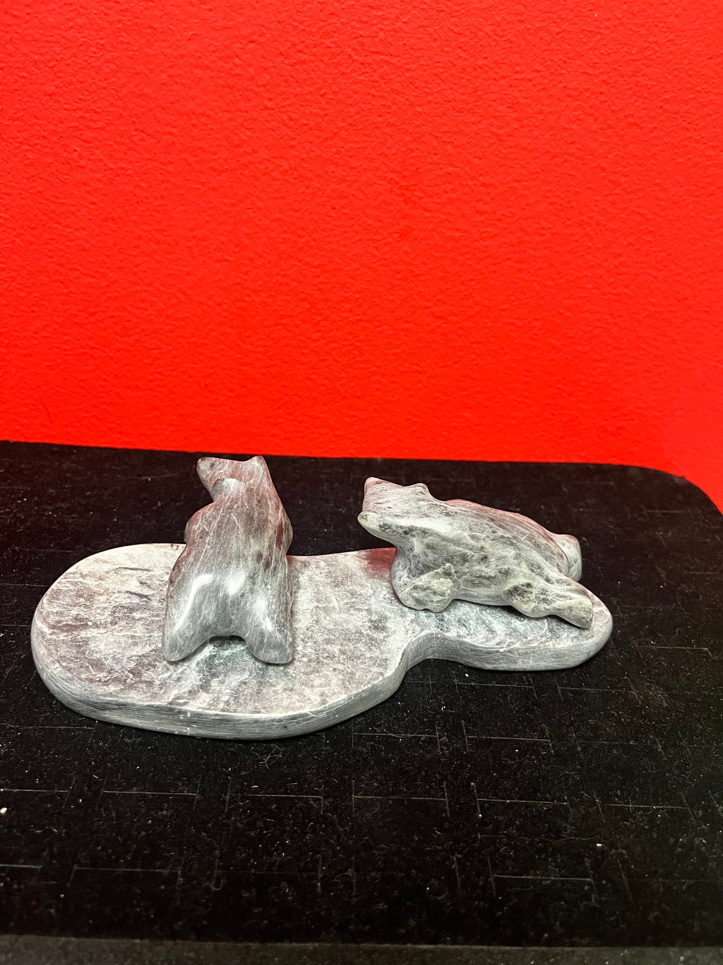Lovely 7 x 3 x 2 high indigenous inuit soapstone bears playing in a pond  lovely condition