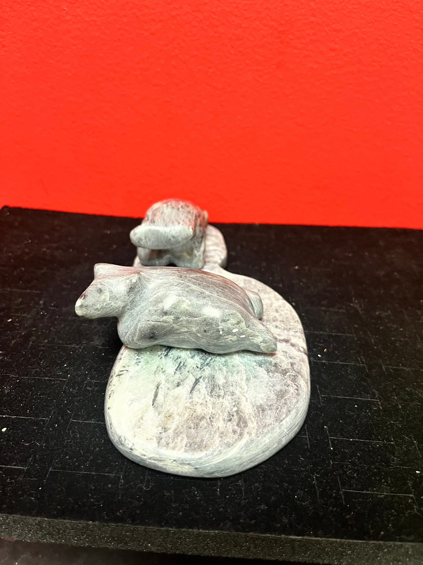 Lovely 7 x 3 x 2 high indigenous inuit soapstone bears playing in a pond  lovely condition
