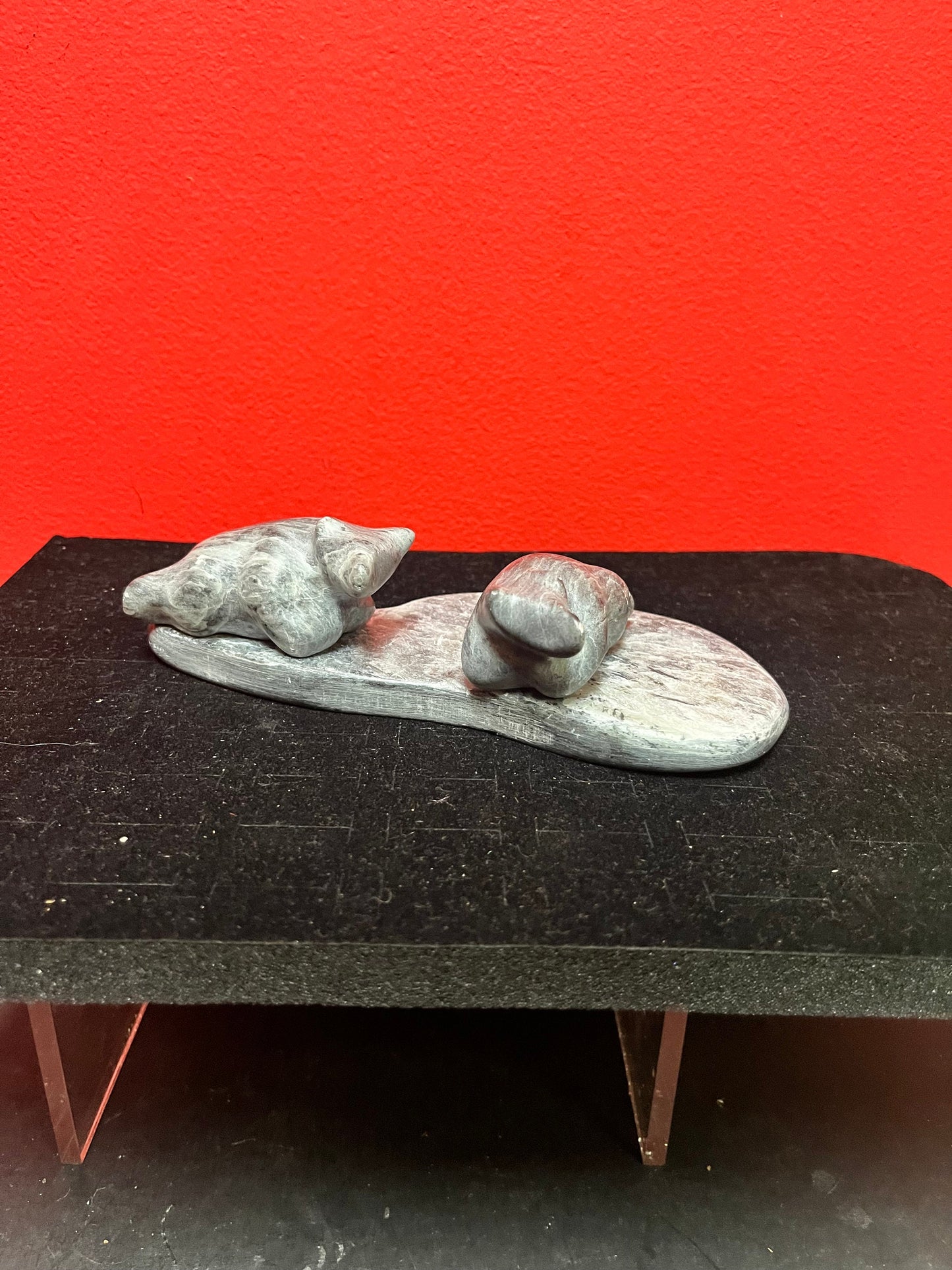 Lovely 7 x 3 x 2 high indigenous inuit soapstone bears playing in a pond  lovely condition