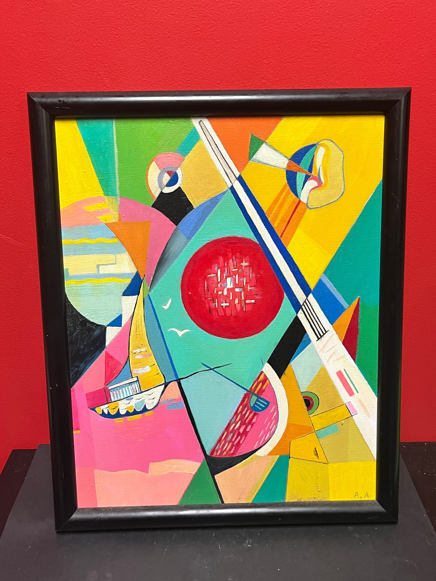 Stunning 22 x 17 wide 1960s psychedelic abstract, acrylic painting on canvas in frame signed wow