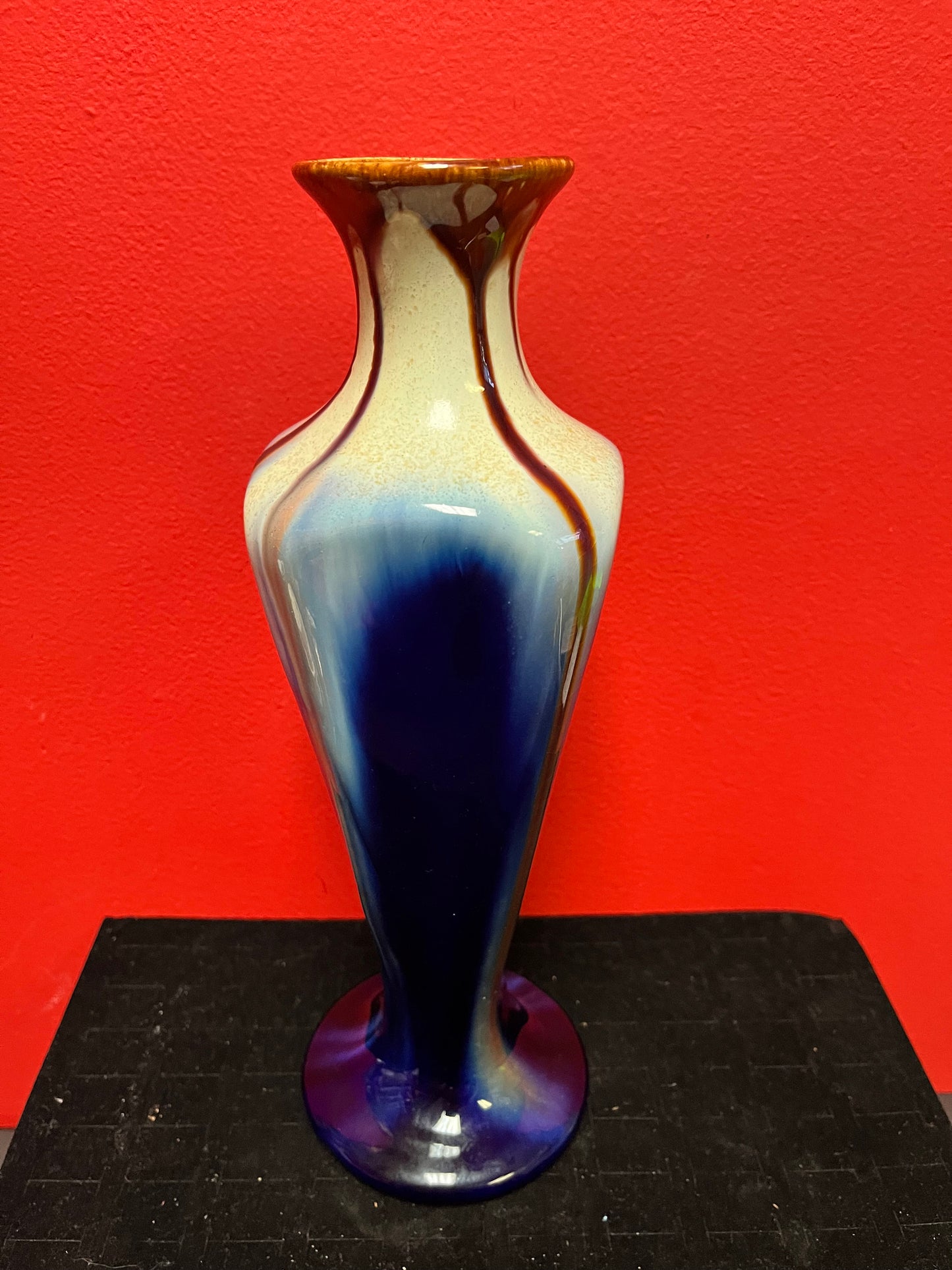 Gorgeous 12 inch old Belgium arts and crafts drip glaze vase fabulous look and quality perfect condition wow