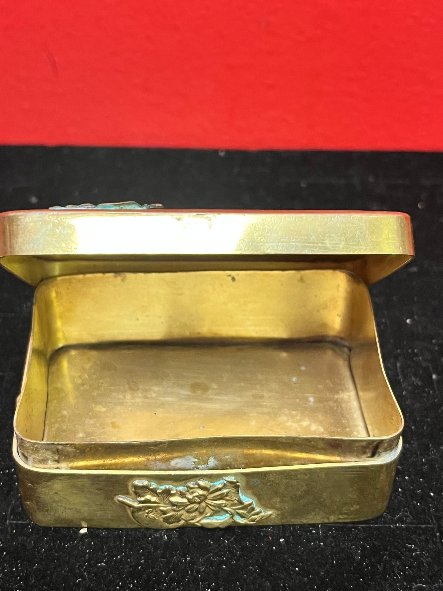 3 x 2 x 1 high Japanese brass stamp box great patina antique beauty little finicky to close Japanese chrysanthemums