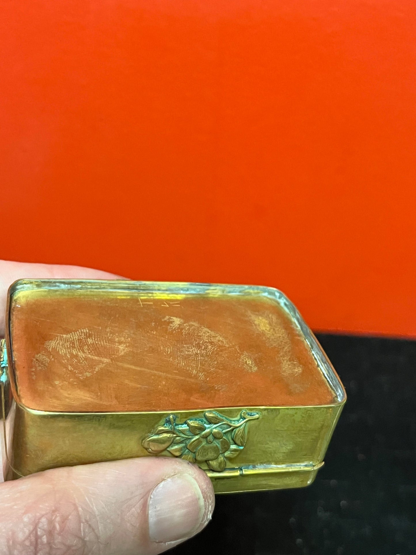 3 x 2 x 1 high Japanese brass stamp box great patina antique beauty little finicky to close Japanese chrysanthemums