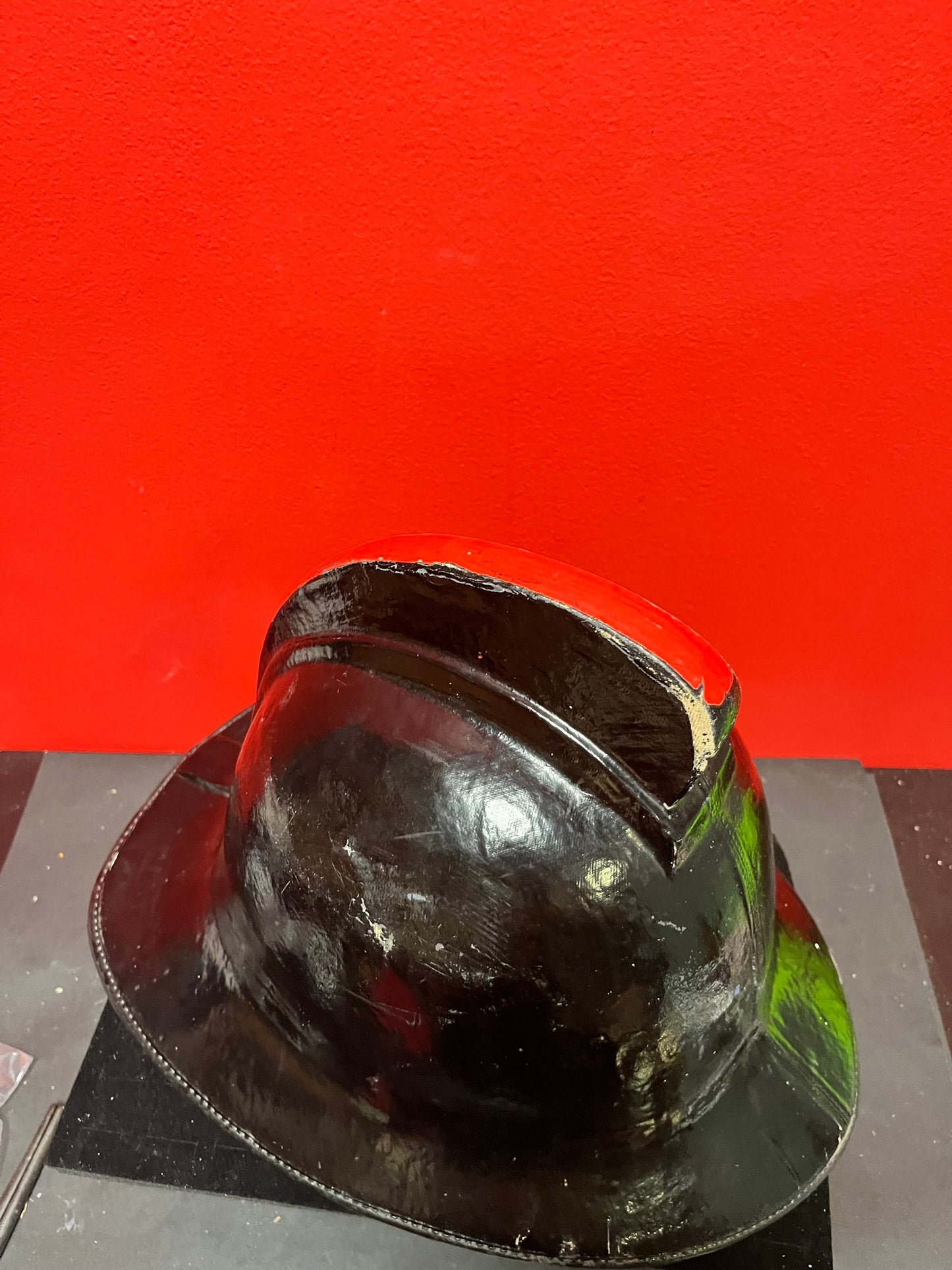 Stunning antique 15 x 11 English fireman helmet in fabulous condition approximate 9 by 7 inside measurements original strap - wow