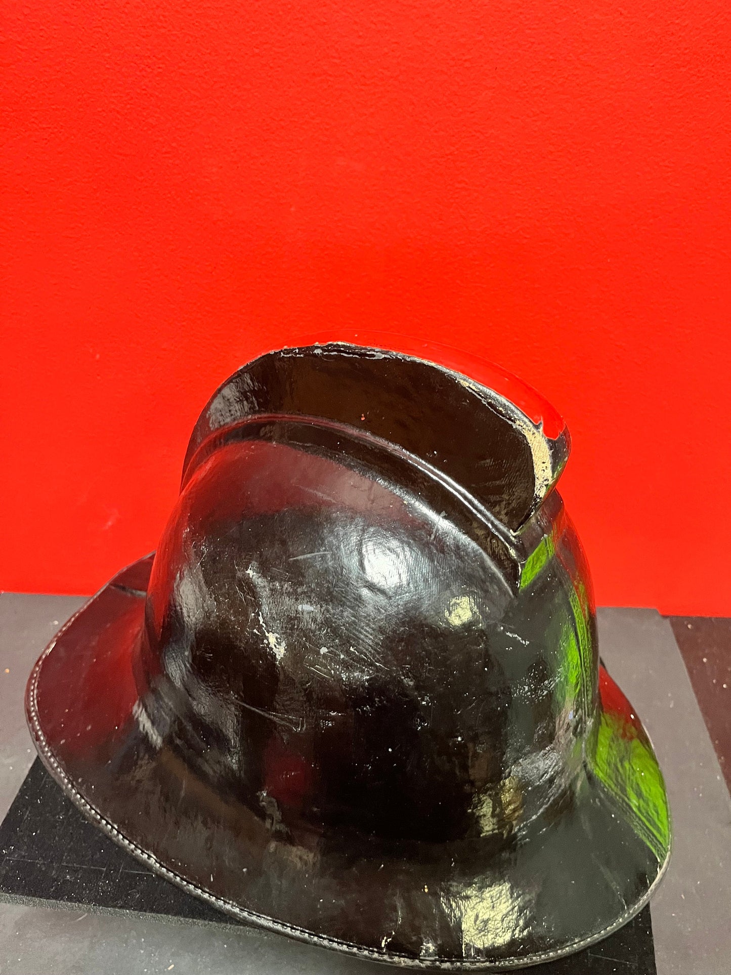 Stunning antique 15 x 11 English fireman helmet in fabulous condition approximate 9 by 7 inside measurements original strap - wow