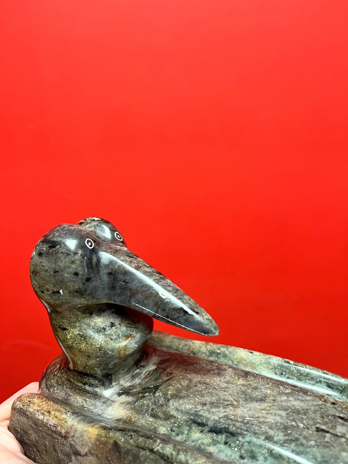 Prestigious 9 x 5 x 3“ high indigenous Inuit BART LAVALLEE soapstone moon loon sculpture highest quality and detail heavy wow