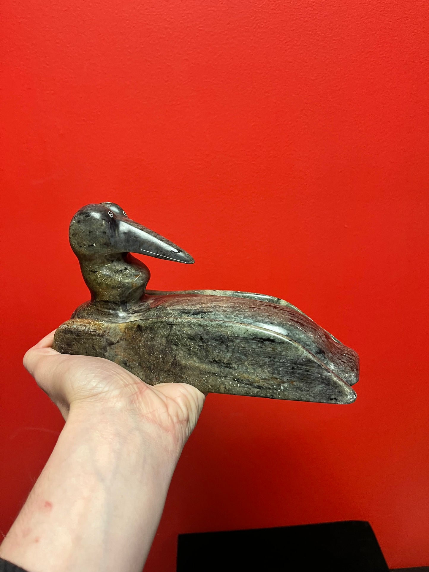 Prestigious 9 x 5 x 3“ high indigenous Inuit BART LAVALLEE soapstone moon loon sculpture highest quality and detail heavy wow