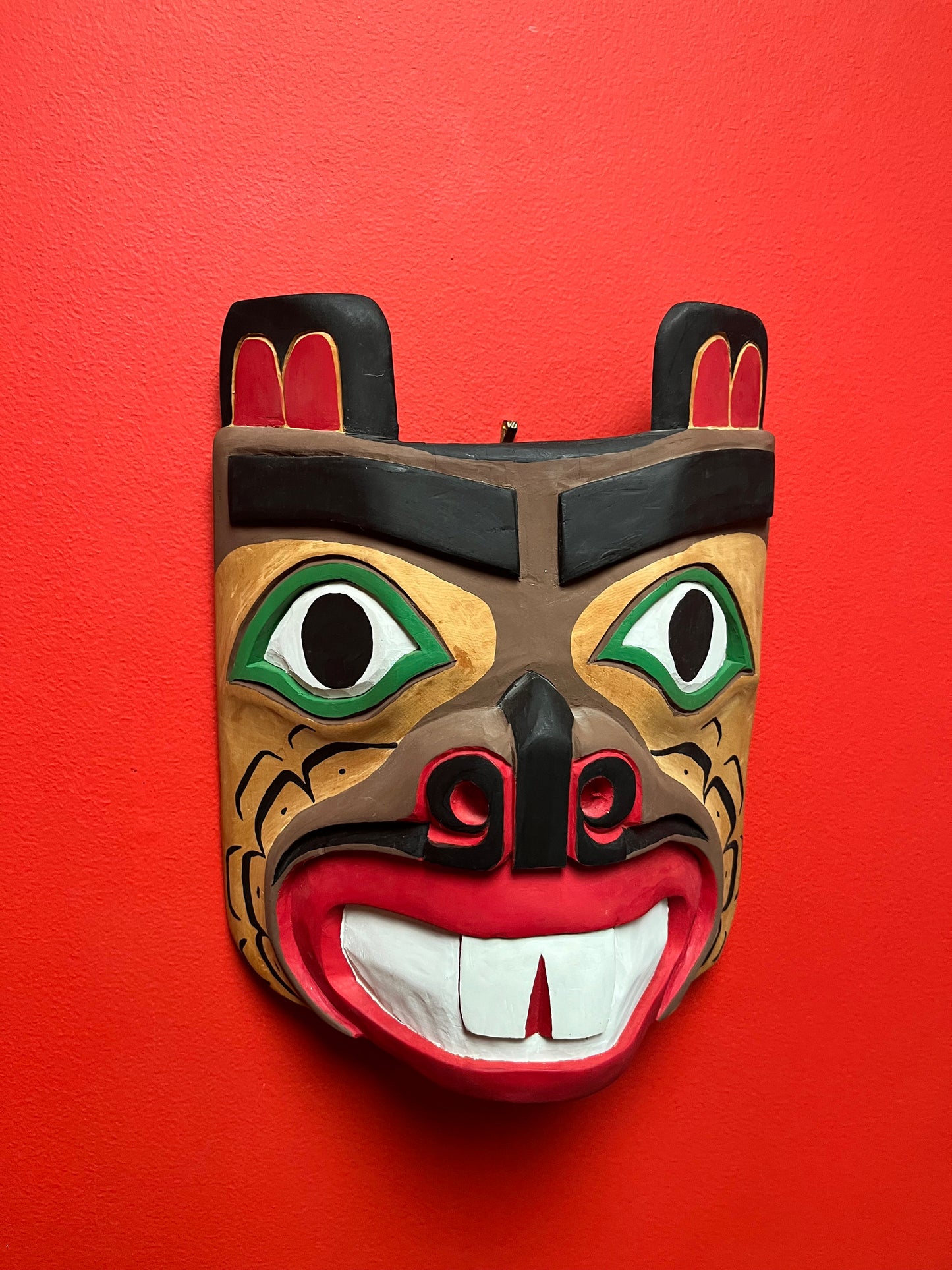 Fabulous 12 x 10 wide indigenous, first nations, Pacific Northwest coast, older polychrome painted beaver mask   ready to hang - wow