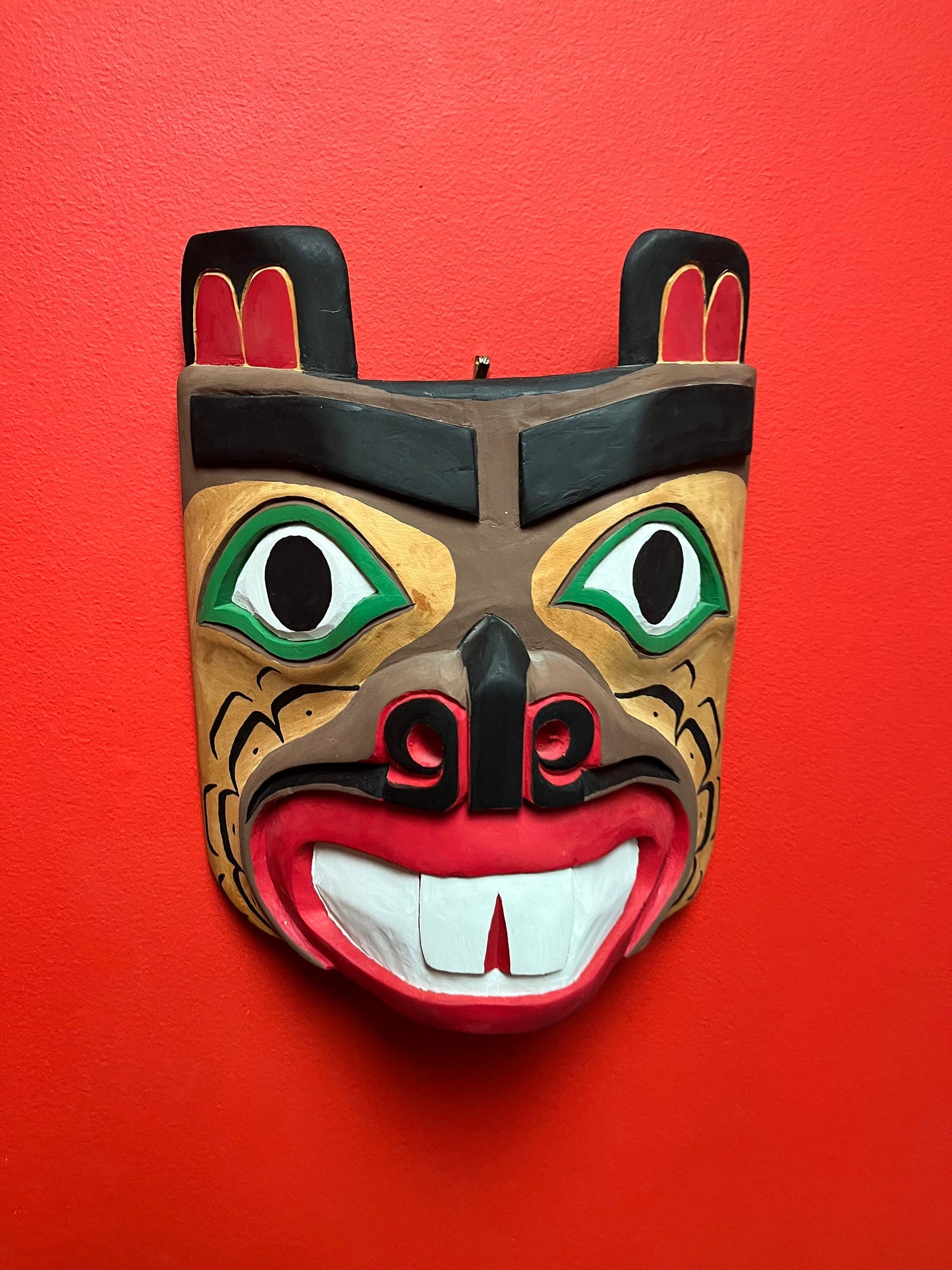 Fabulous 12 x 10 wide indigenous, first nations, Pacific Northwest coast, older polychrome painted beaver mask   ready to hang - wow