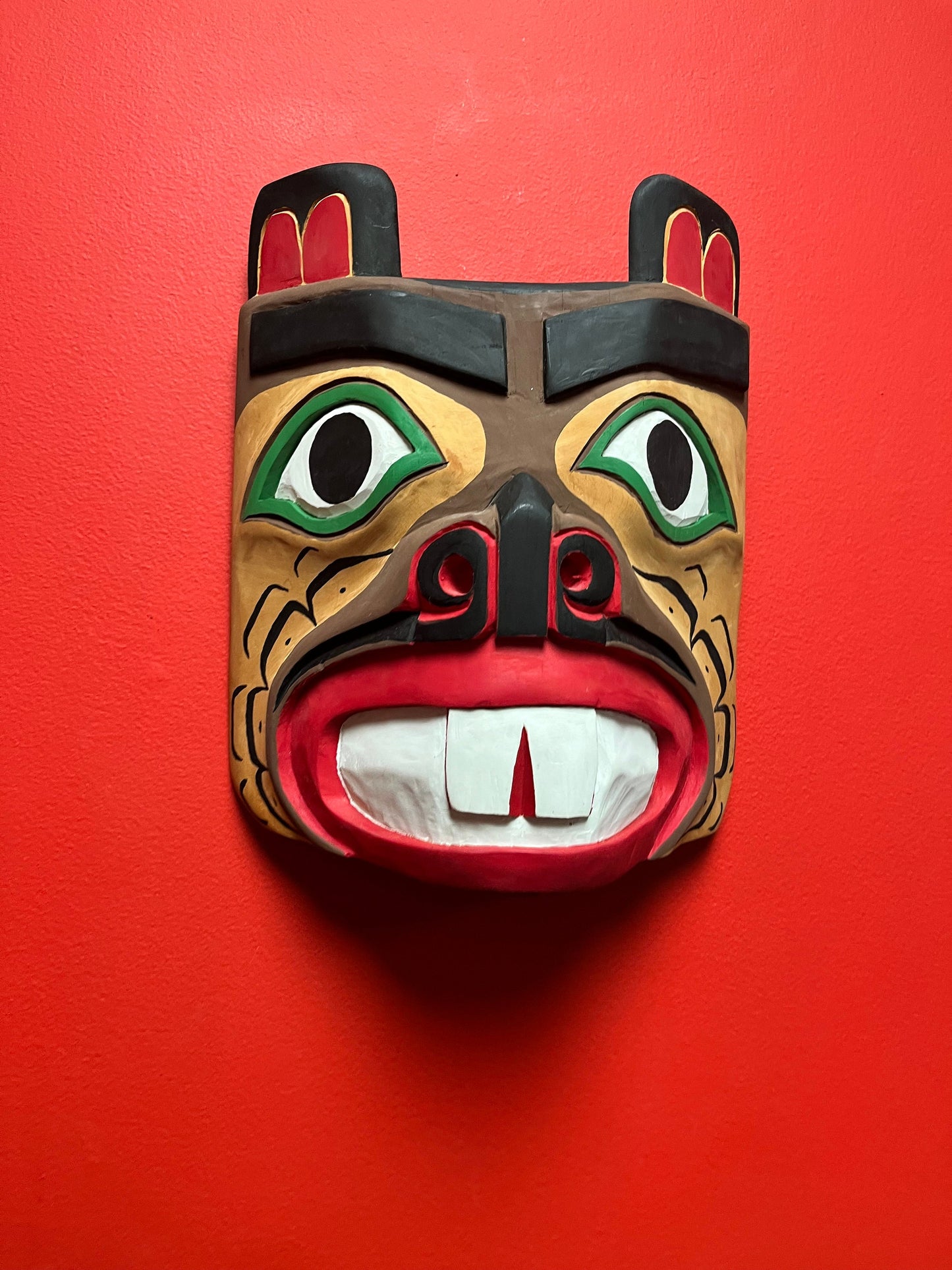 Fabulous 12 x 10 wide indigenous, first nations, Pacific Northwest coast, older polychrome painted beaver mask   ready to hang - wow