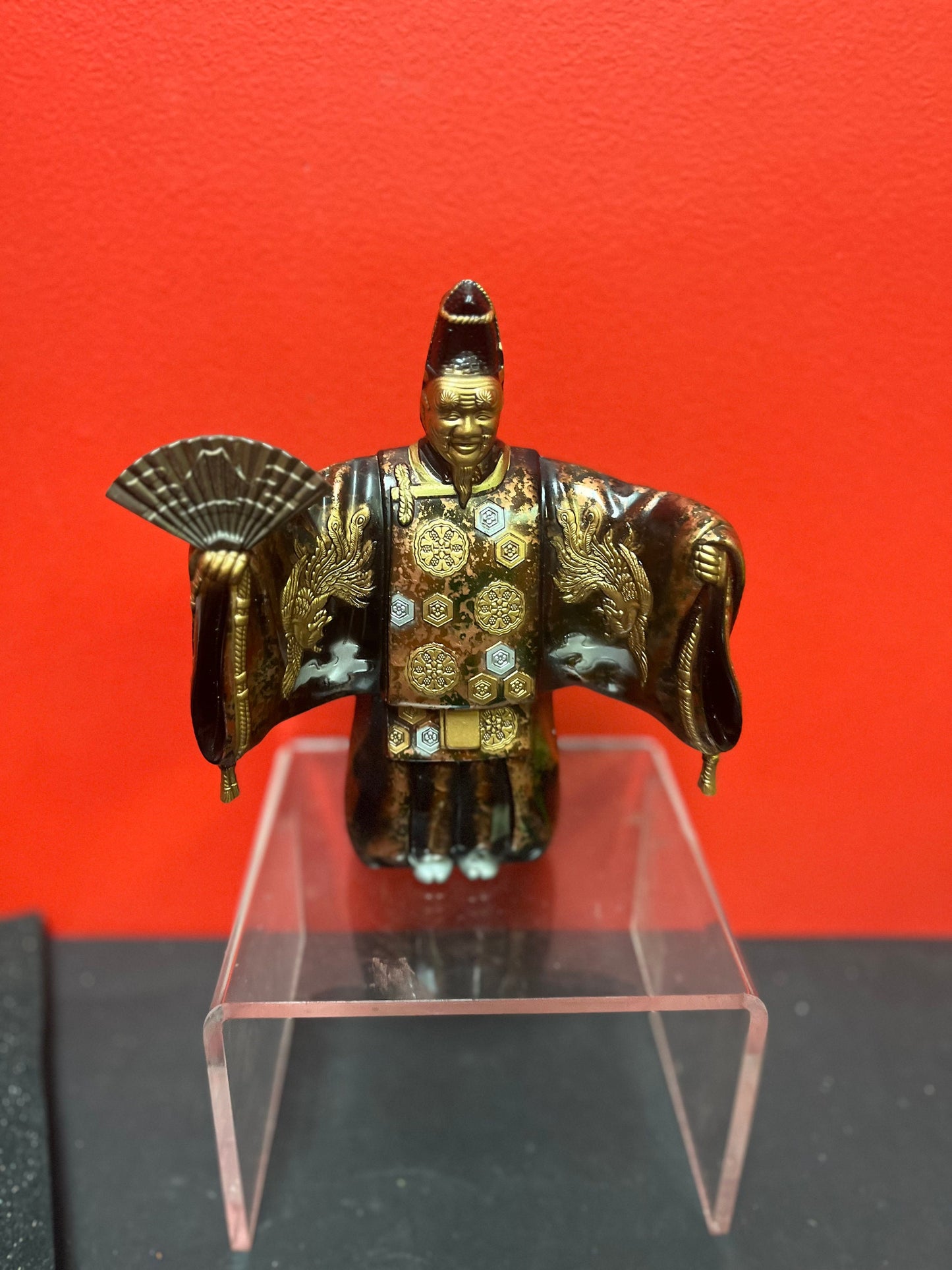 Fabulous 8 inch old Japanese gilded bronze statue of a fancy man holding a fan exquisite patina and quality- heavy