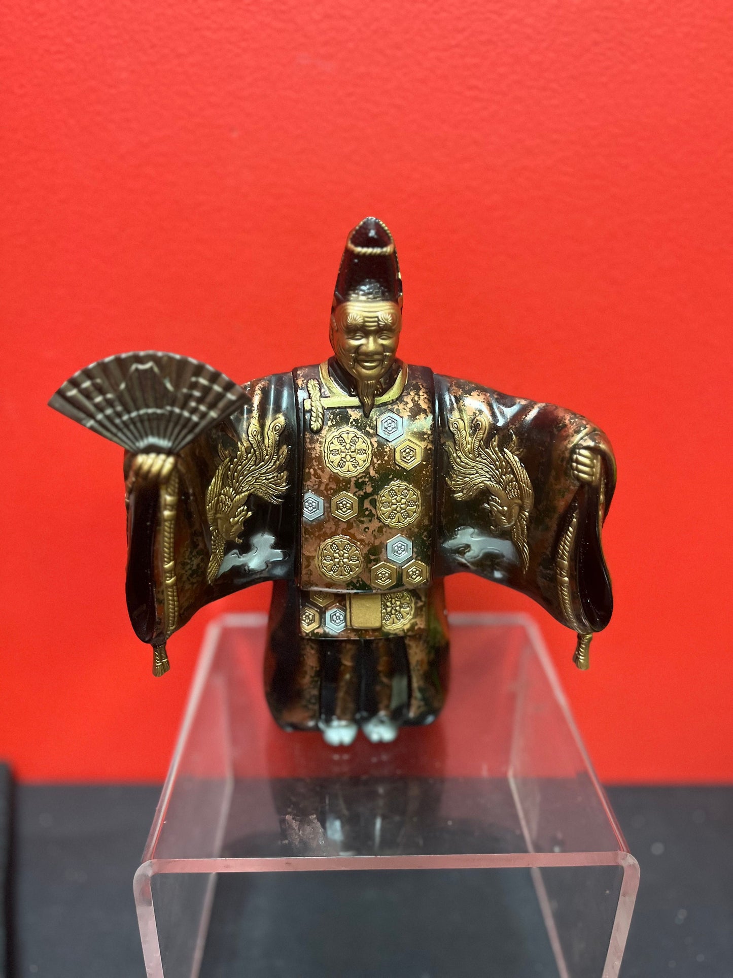 Fabulous 8 inch old Japanese gilded bronze statue of a fancy man holding a fan exquisite patina and quality- heavy