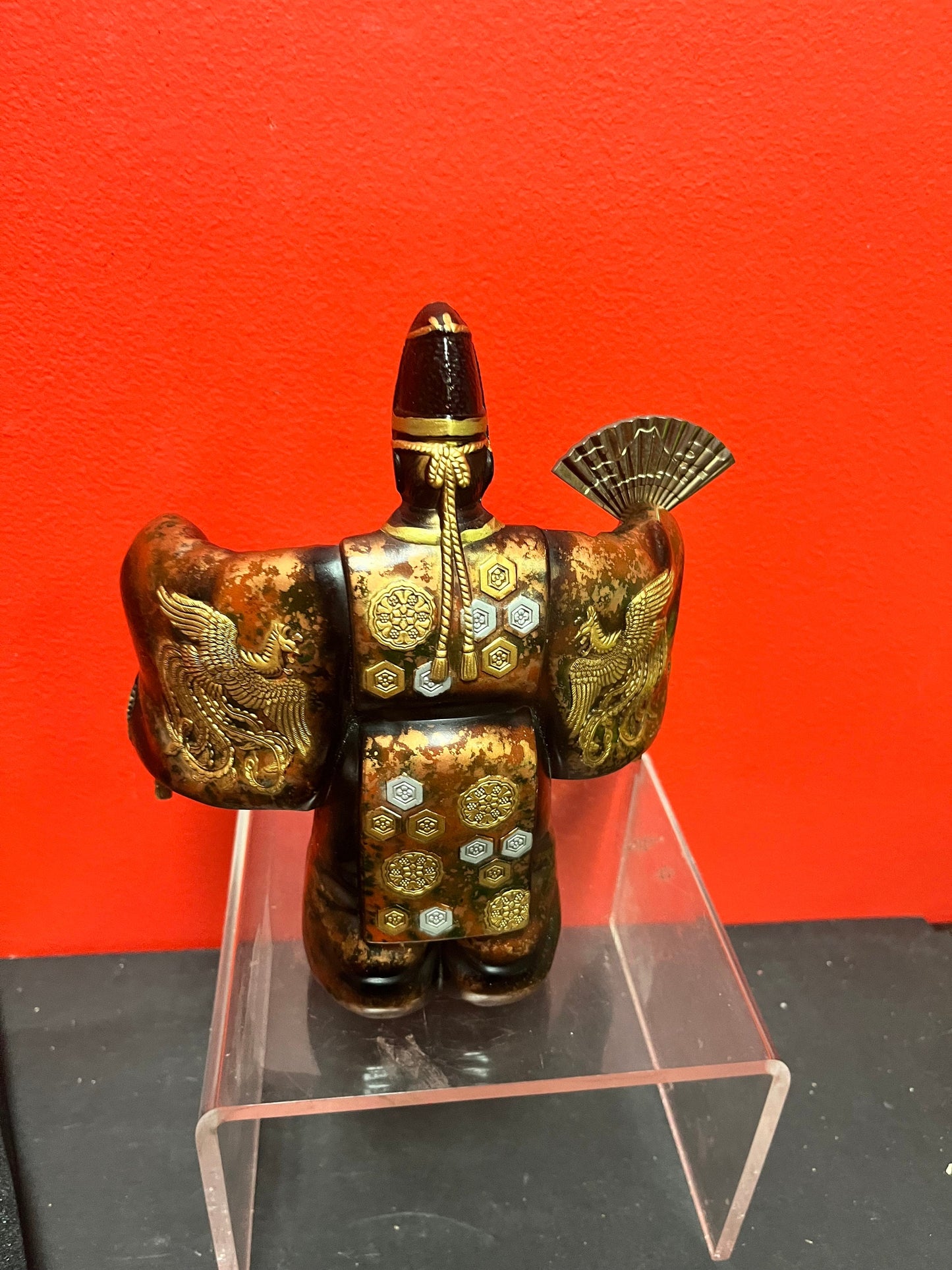 Fabulous 8 inch old Japanese gilded bronze statue of a fancy man holding a fan exquisite patina and quality- heavy