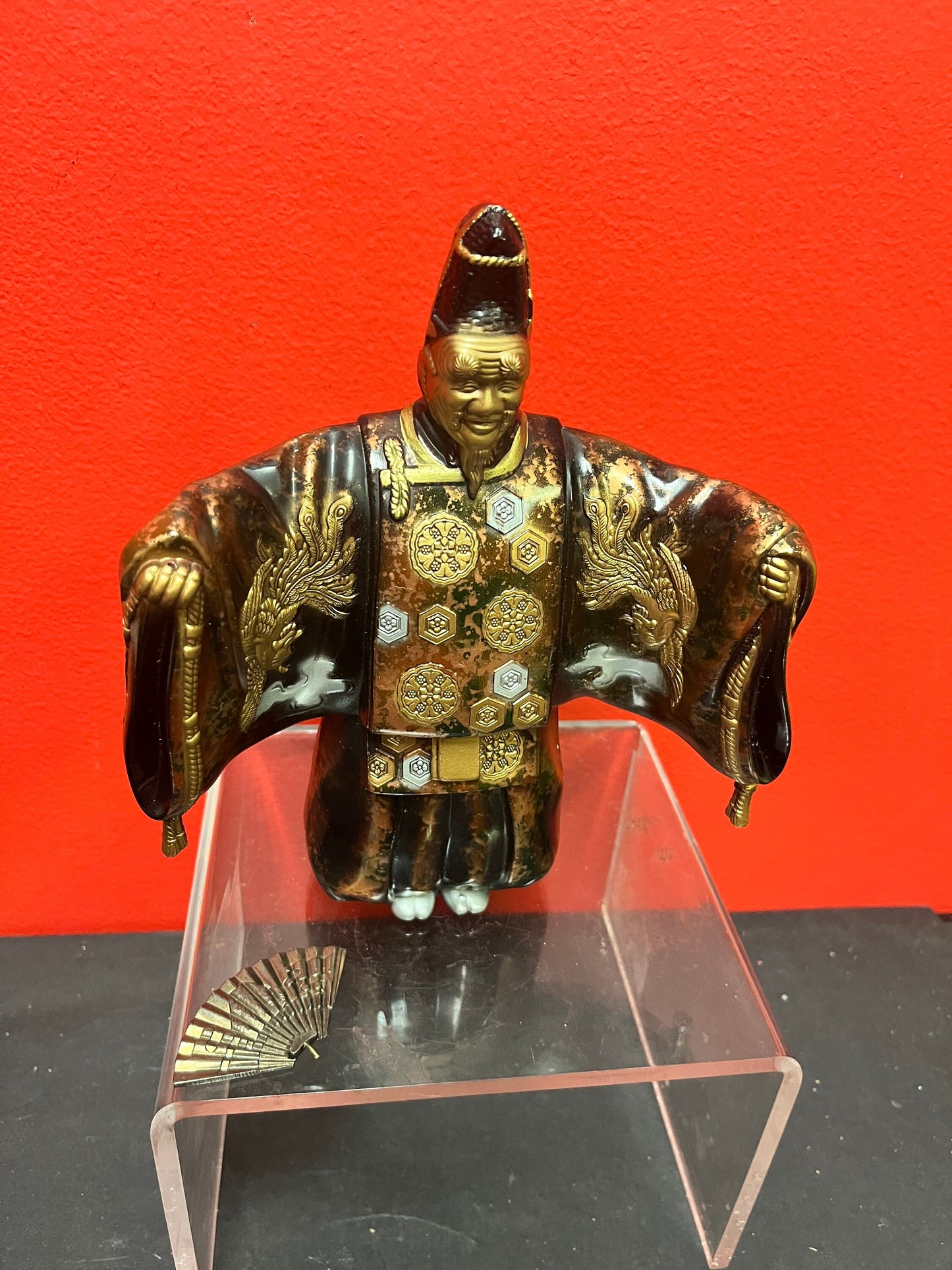 Fabulous 8 inch old Japanese gilded bronze statue of a fancy man holding a fan exquisite patina and quality- heavy
