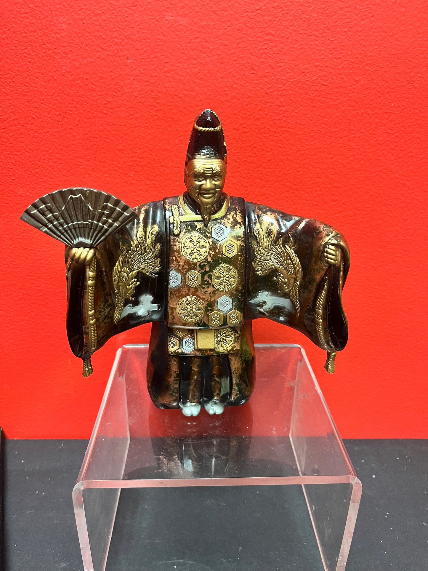 Fabulous 8 inch old Japanese gilded bronze statue of a fancy man holding a fan exquisite patina and quality- heavy