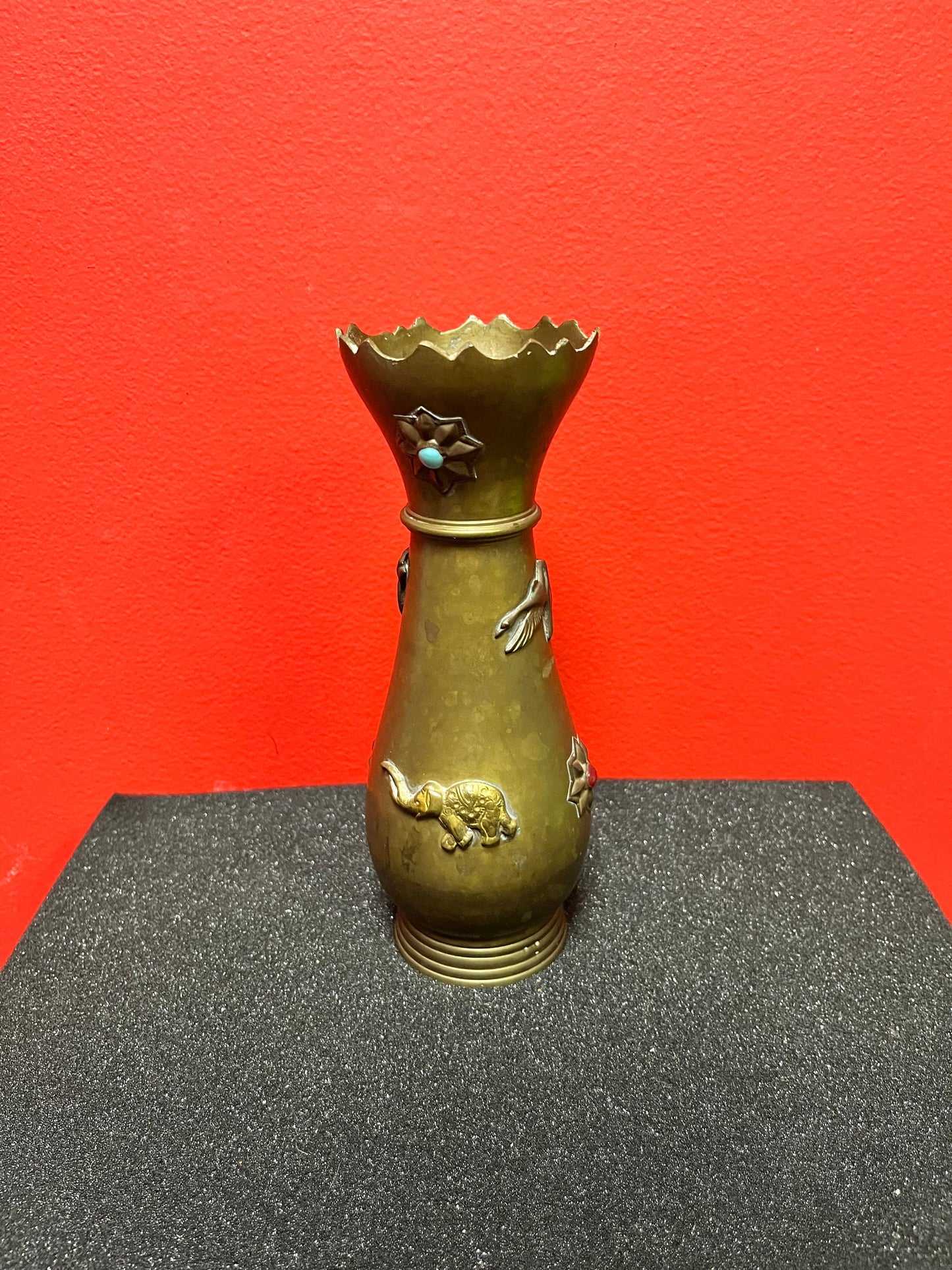 Lovely 8 inch tall antique Asian brass vase with lovely imagery and many cartouches really beautiful piece ready for flowers - gift