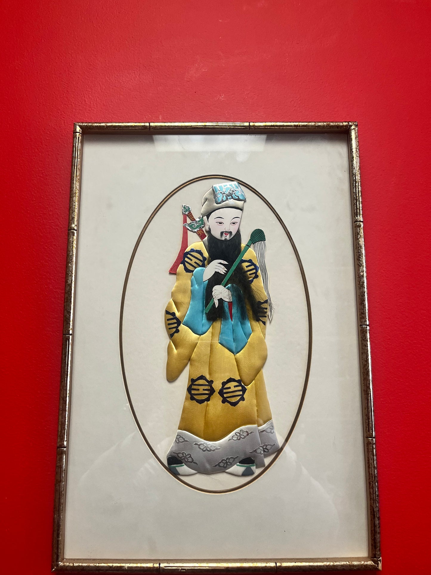 19 x 13 Japanese picture of an emperor in frame made from pieces of kimonos
