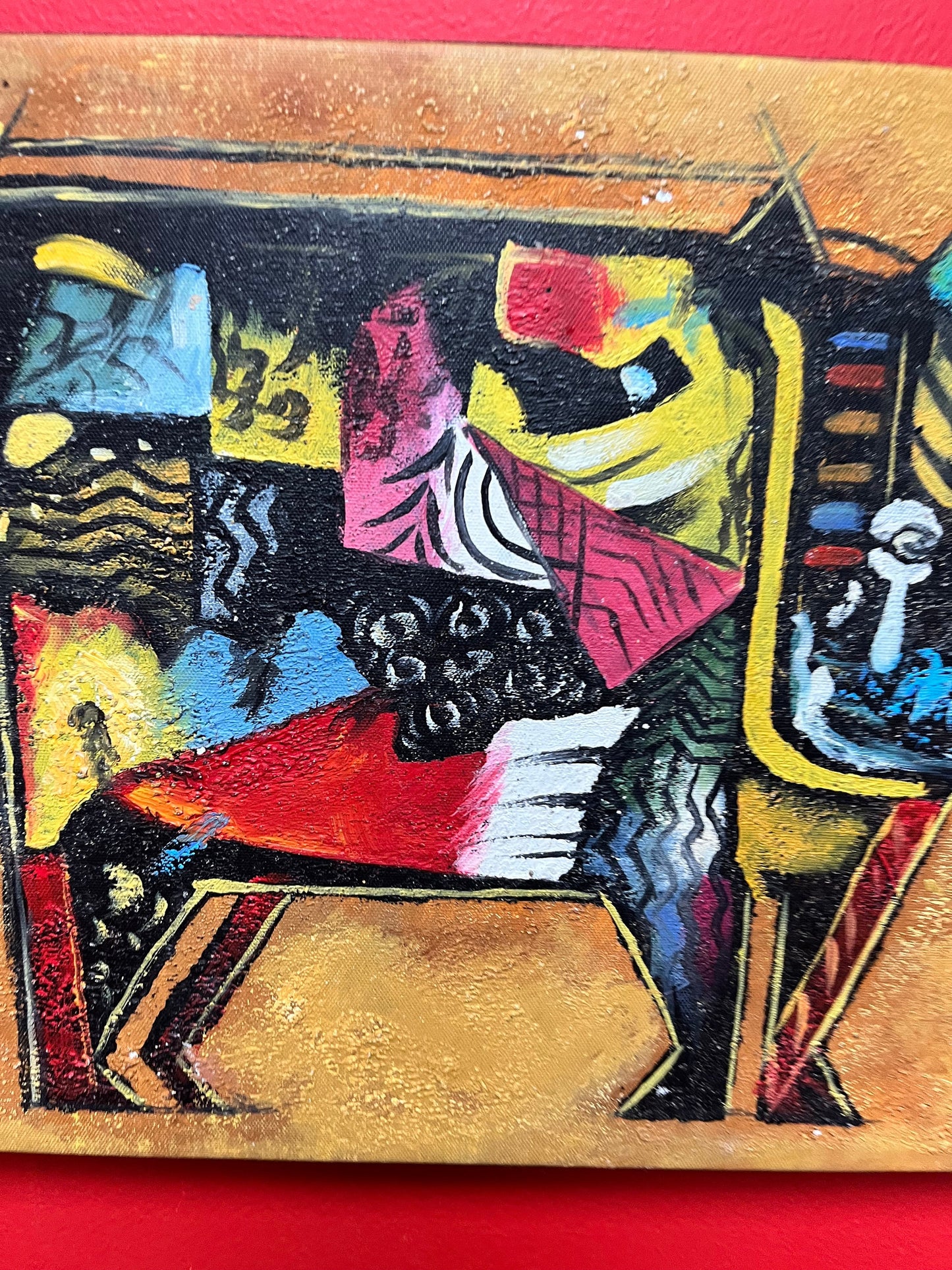 A 17 x 12 x 2 vintage French painting of a rhinoceros in a Picasso style African art inspiration amazing piece couple paint dings
