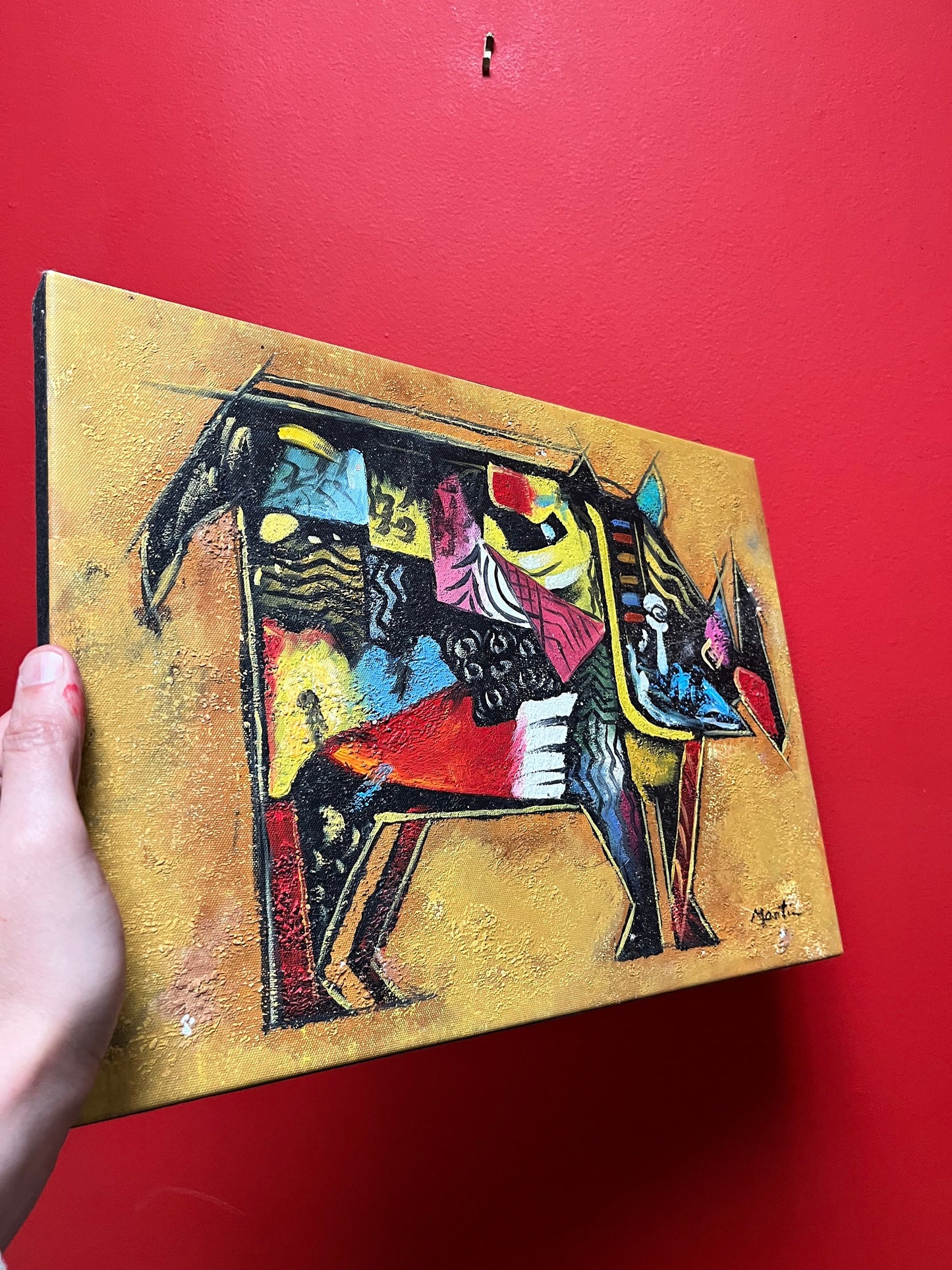 A 17 x 12 x 2 vintage French painting of a rhinoceros in a Picasso style African art inspiration amazing piece couple paint dings