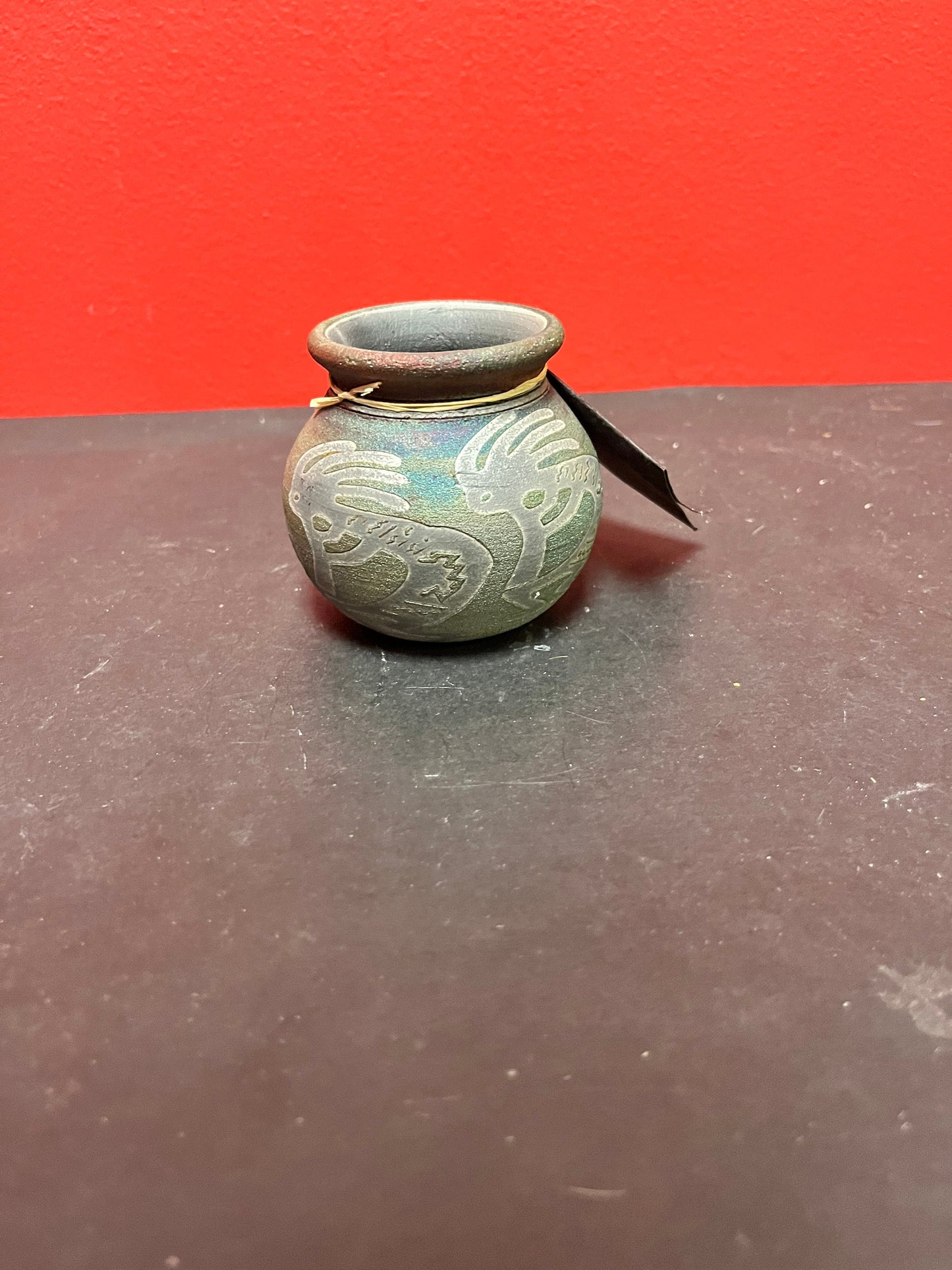 Lovely vintage Navajo Kokopelli signed handmade pottery vase with the original tag perfect condition