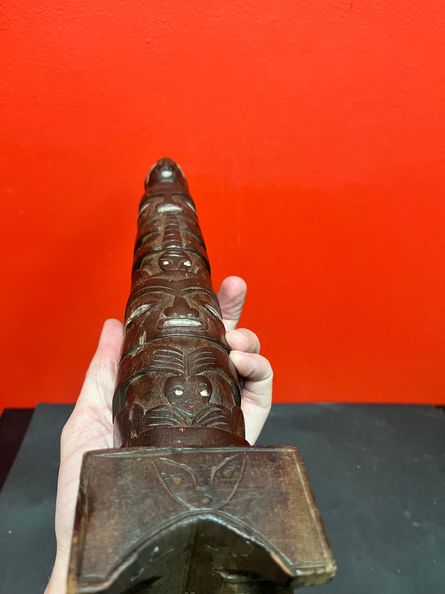 Very rare antique 14 inch tall indigenous first nations, Pacific Northwest Coast transformation totem pole found mid Vancouver Island!