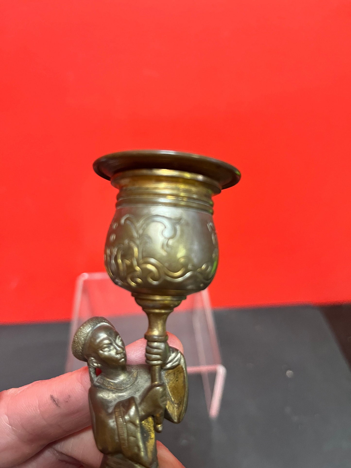 Lovely antique Chinese 6.25 inch high bronze and enamel candlestick perfect condition