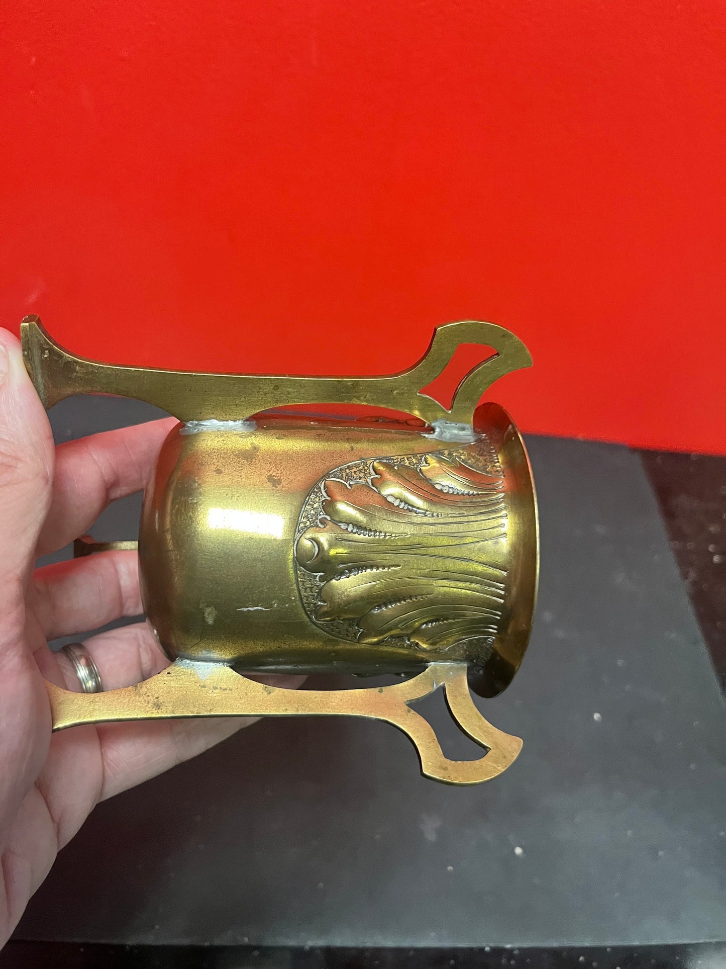 5 inch tall art nouveau brass vase great patina