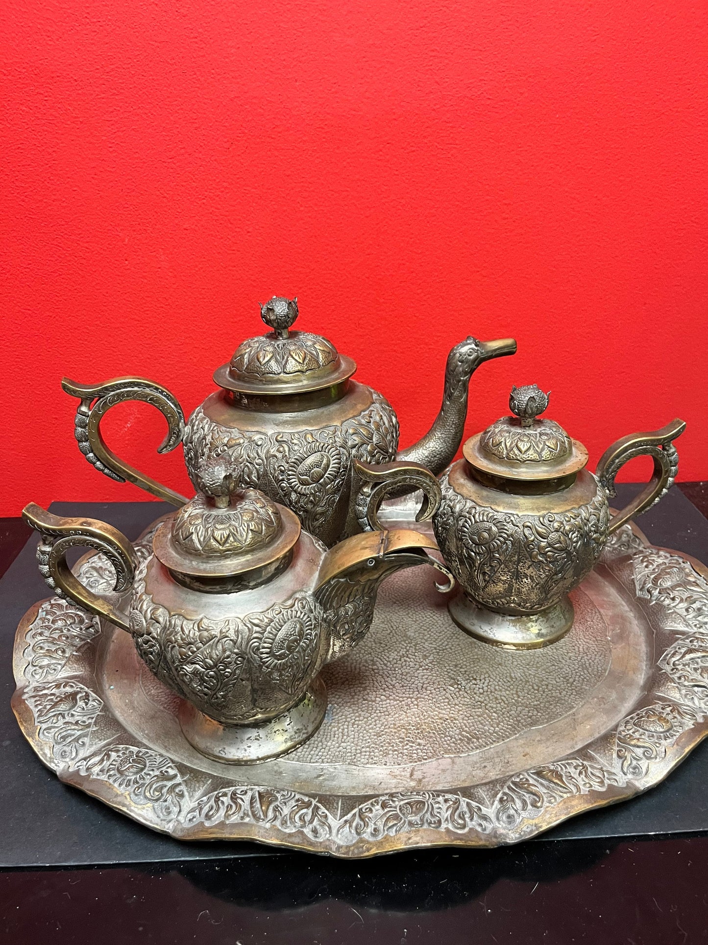 A Fabulous antique high-quality heavy Persian untested silver tea set on 17 inch long tray important historical set some wear-