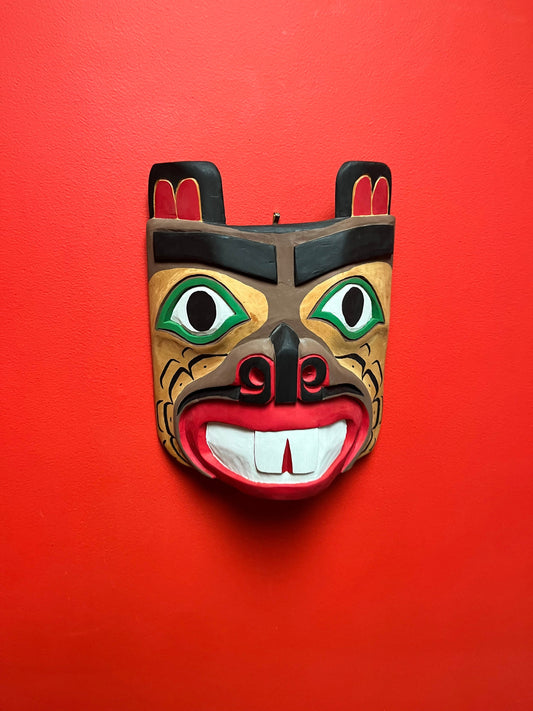 Fabulous 12 x 10 wide indigenous, first nations, Pacific Northwest coast, older polychrome painted beaver mask   ready to hang - wow