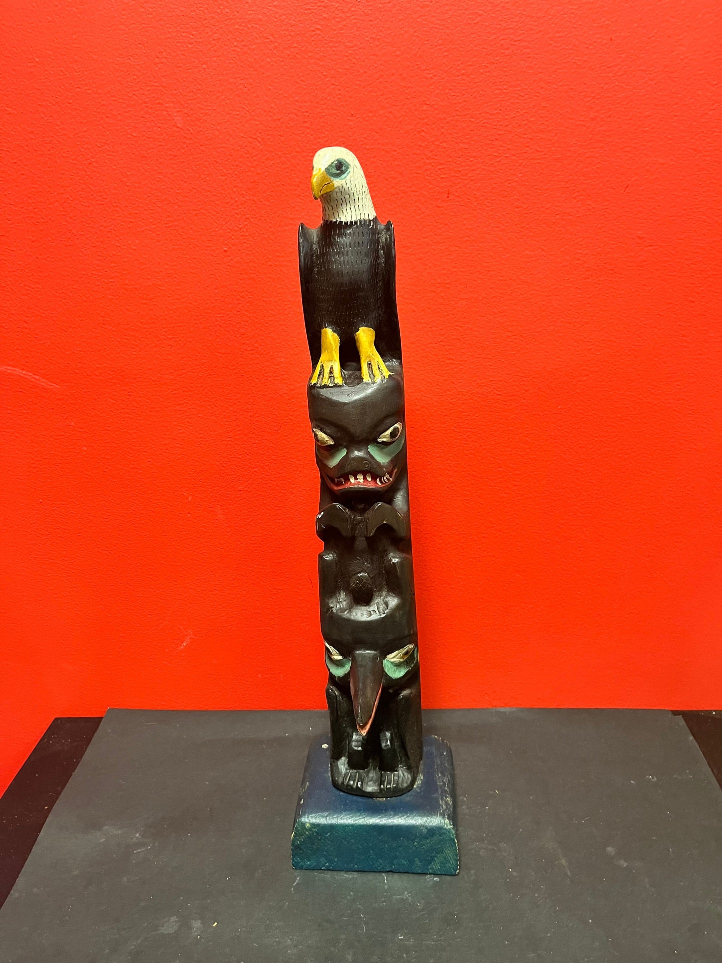 Stunning 20 x 4.5 antique unsigned possibly ceremonial indigenous first nations, Pacific Northwest Coast Folk Art transformation totem pole