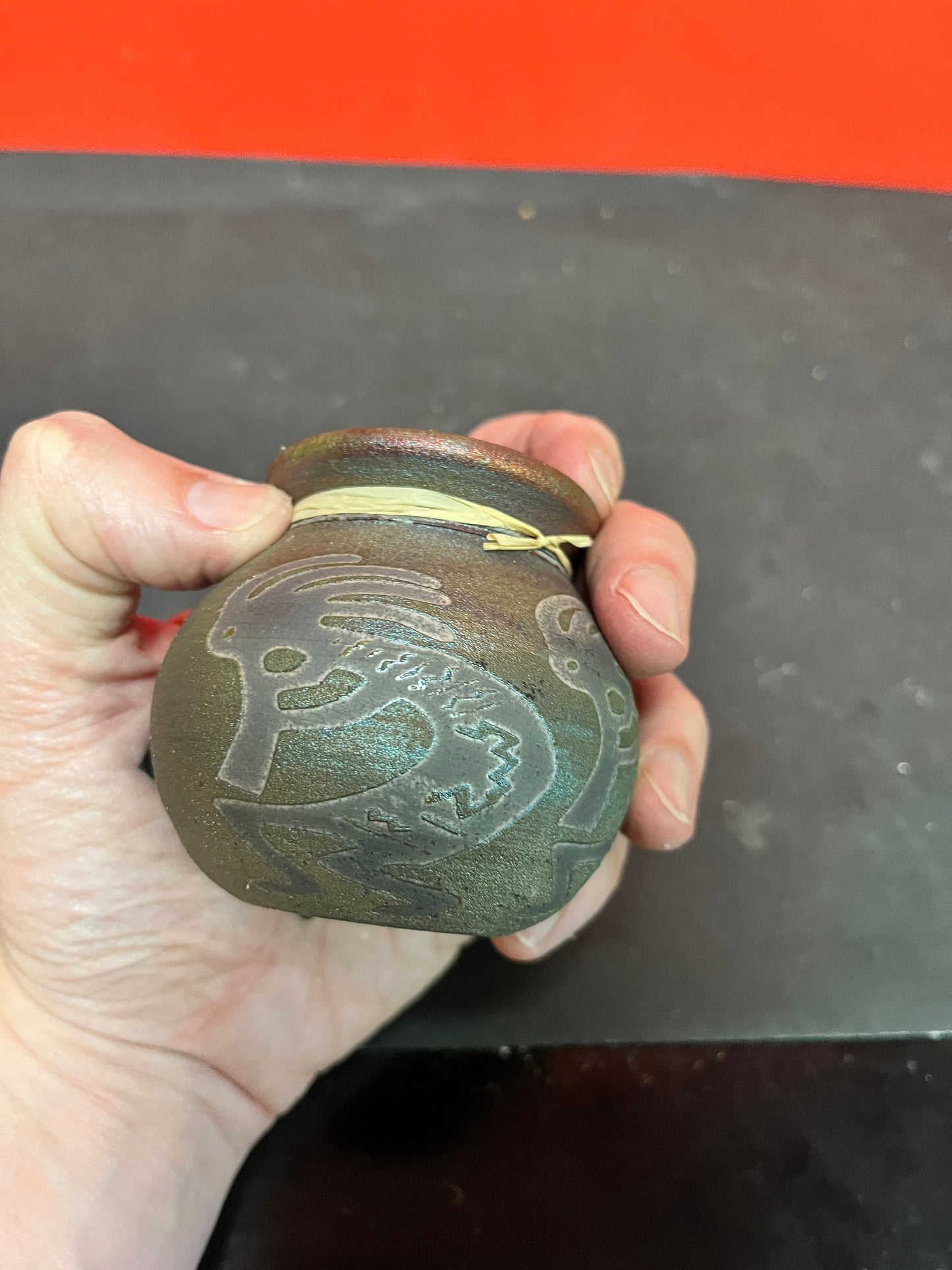 Lovely vintage Navajo Kokopelli signed handmade pottery vase with the original tag perfect condition