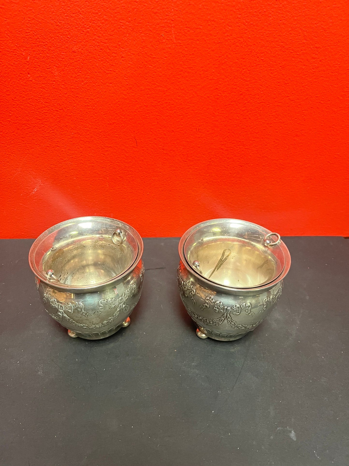 A Lovely pair of heavy 4 inch high sterling silver planters with silver plated liners antique top quality value priced