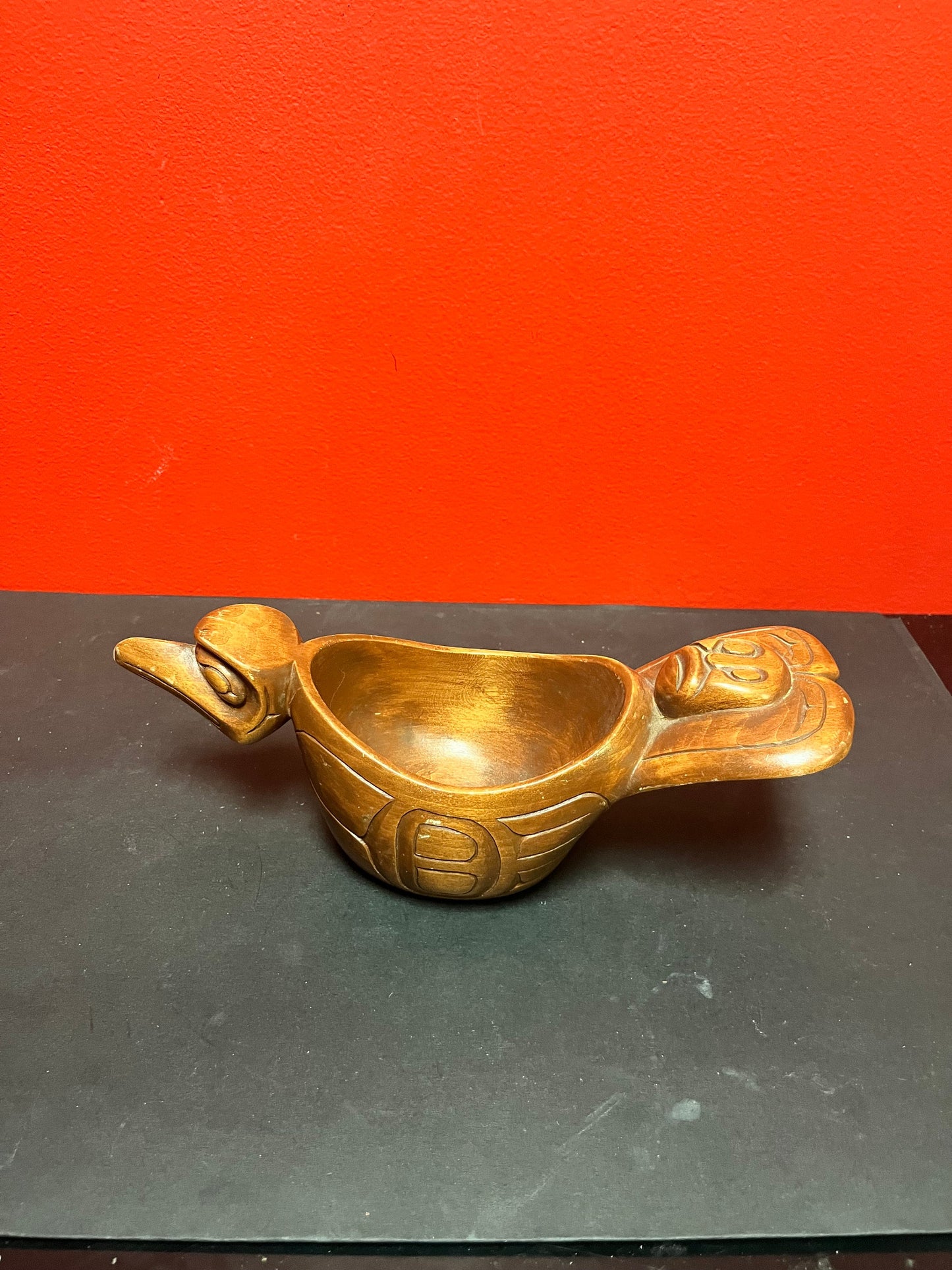 Lovely old 11 x 2 1/2 signed indigenous first nations Pacific northwest Coast  cedar feast bowl  wonderful detail and condition