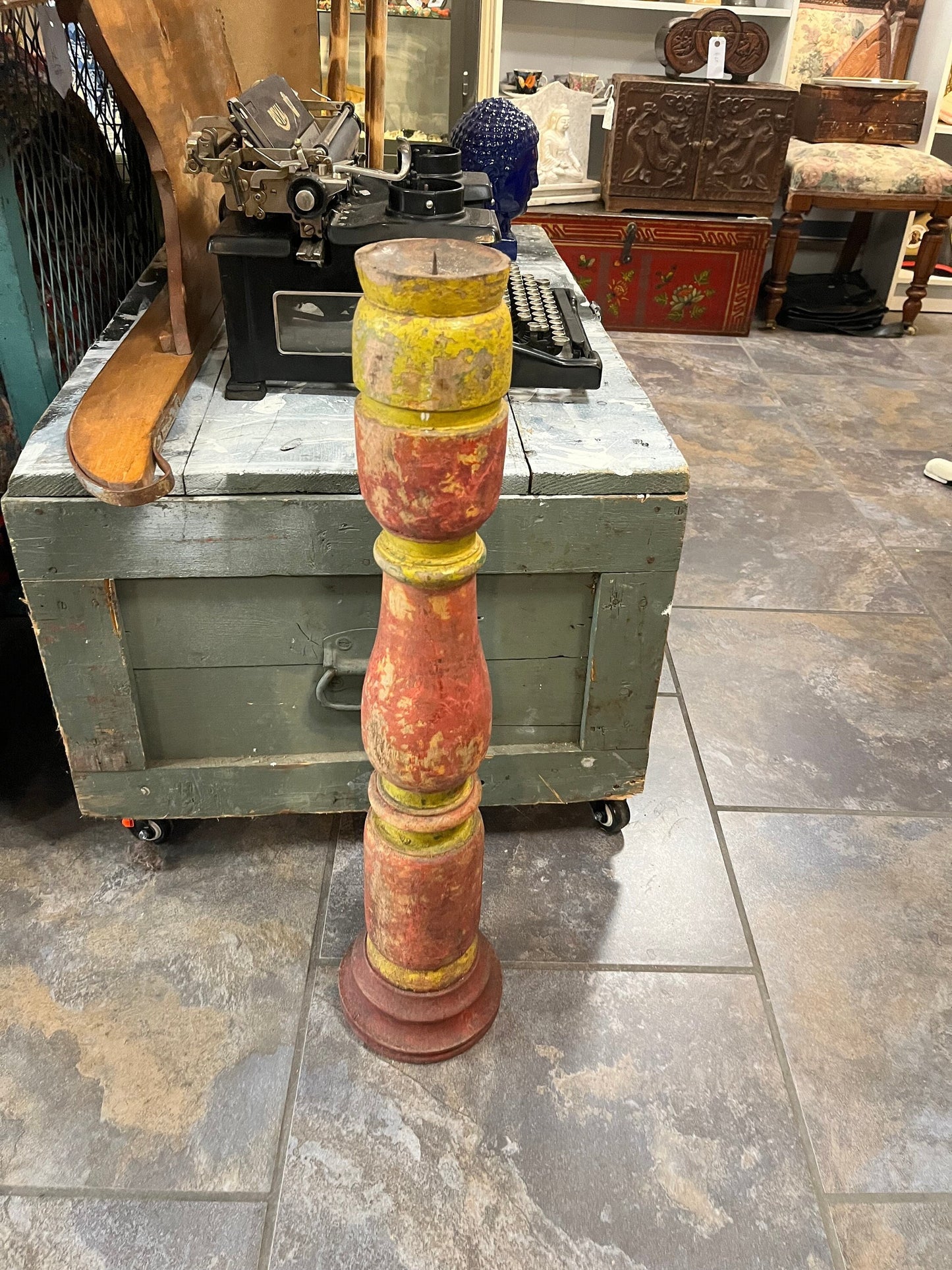 An Absolutely stunning 28 inch tall, antique European architectural wood candlestick amazing