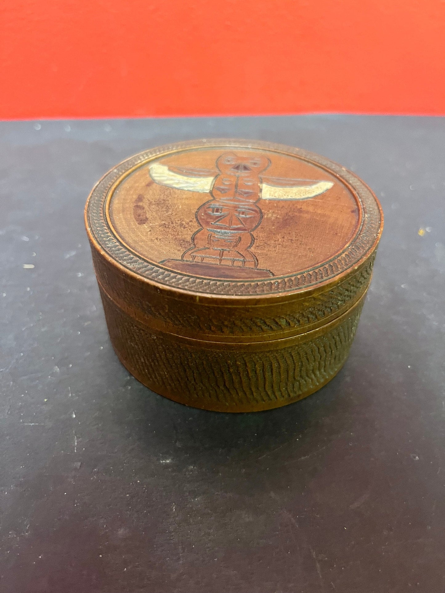 Lovely antique 3 1/2 x 2” high indigenous first nations Pacific northwest coast wooden box with carved totem on top  — great condition