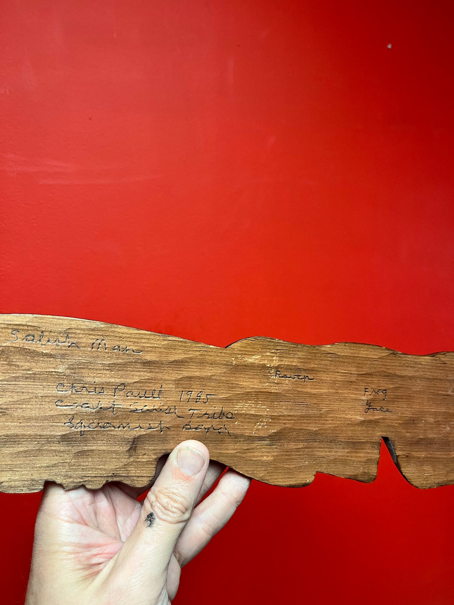 Lovely 21 inch long signed Chris Paul  indigenous first nations Pacific Northwest Coast plaque  Potlatch hat, Salish man, Raven, frog -