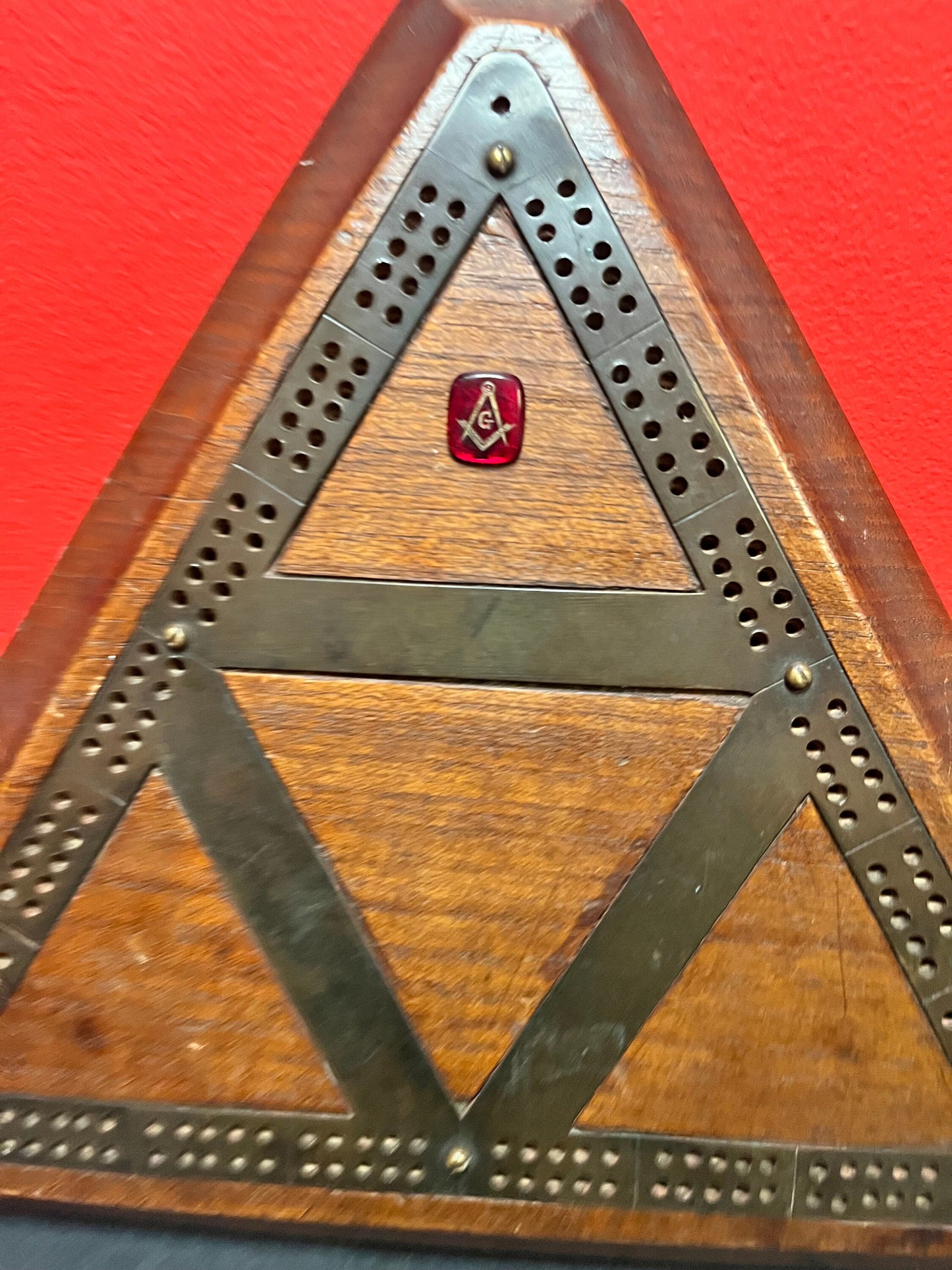 Lovely wood and brass masonic crib board no pegs 12 x 10 high