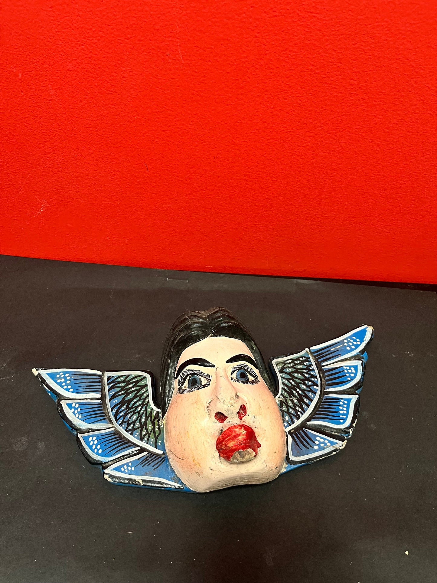 14 x 7 high antique Mexican polychrome painted wooden mask great imagery, and in pretty good condition