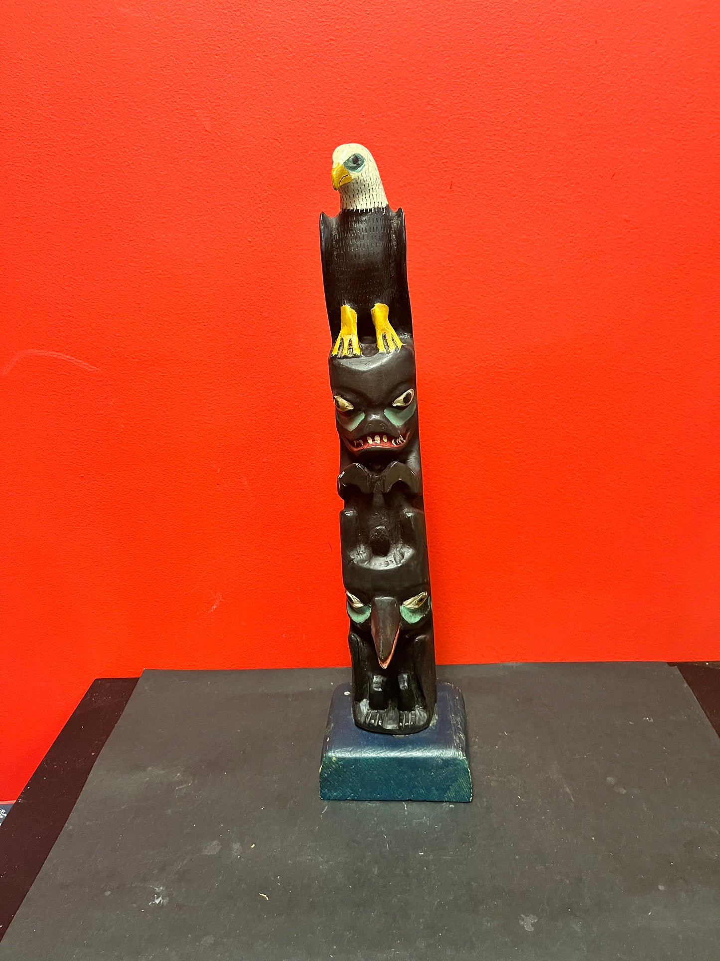 Stunning 20 x 4.5 antique unsigned possibly ceremonial indigenous first nations, Pacific Northwest Coast Folk Art transformation totem pole