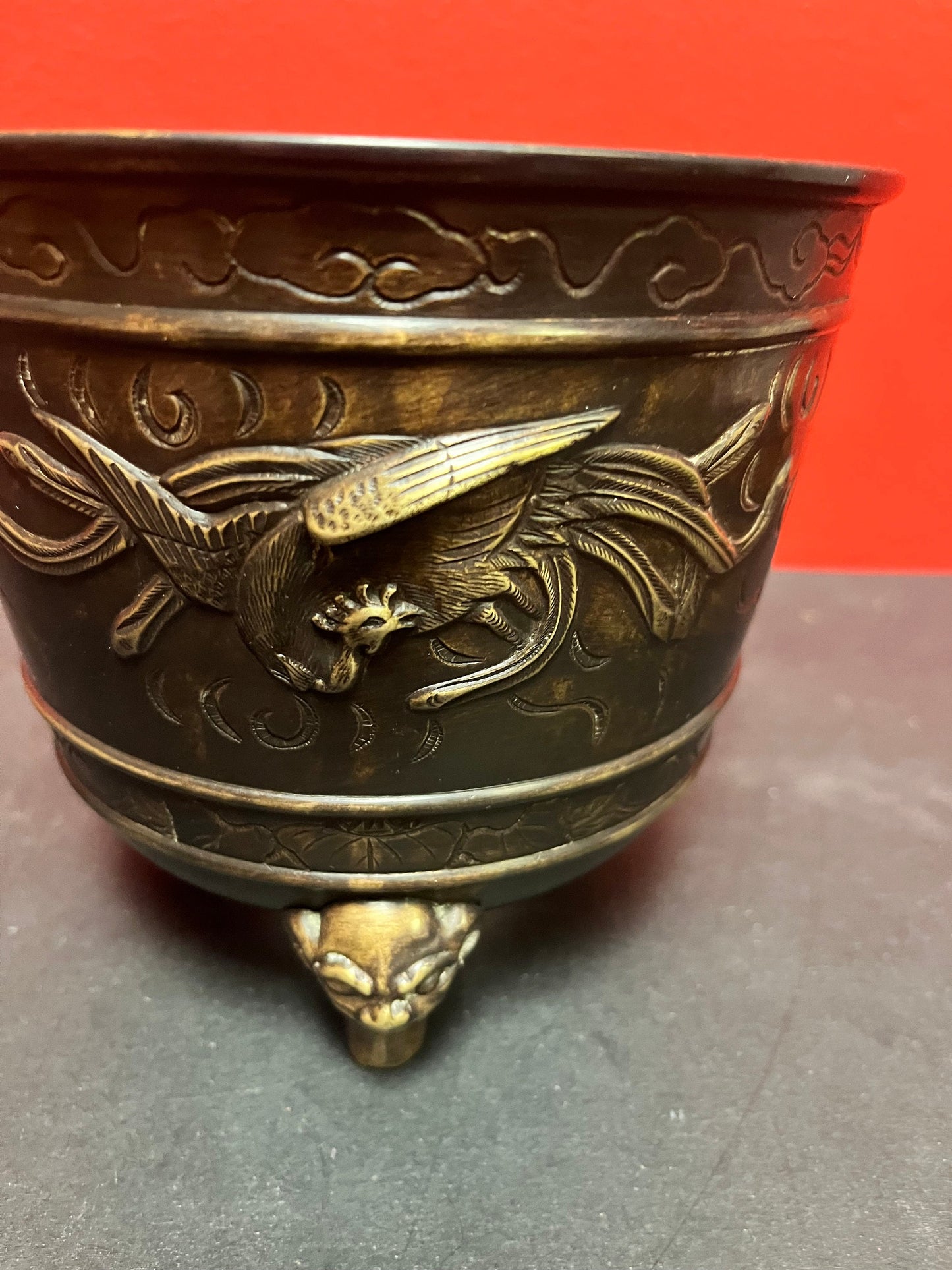 Lovely Japanese bronze antique 6 x 5“ high planter Phoenix decoration great patina