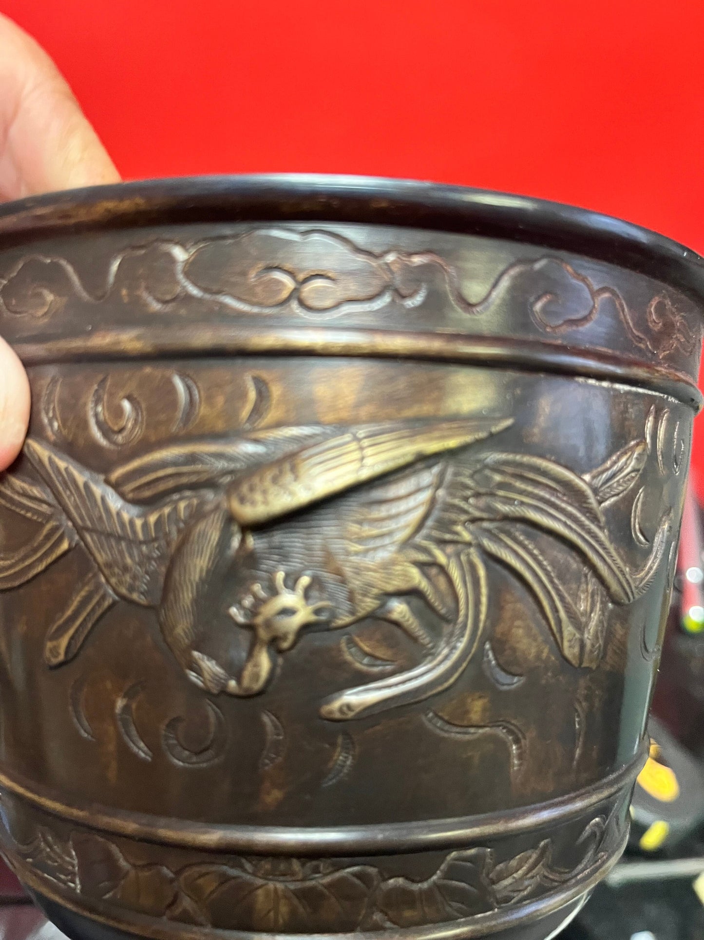 Lovely Japanese bronze antique 6 x 5“ high planter Phoenix decoration great patina