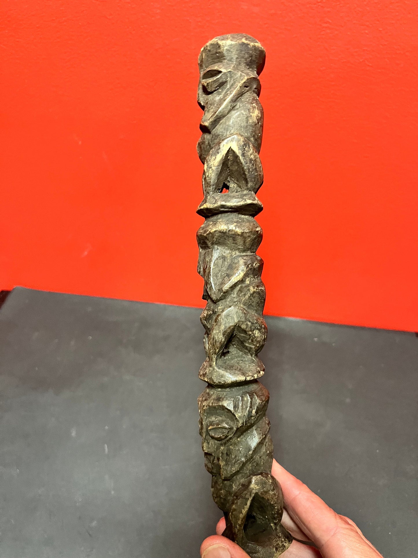 A 12 inch antique carved African wood statue of the no evils great detail and needs assistance to stand good value