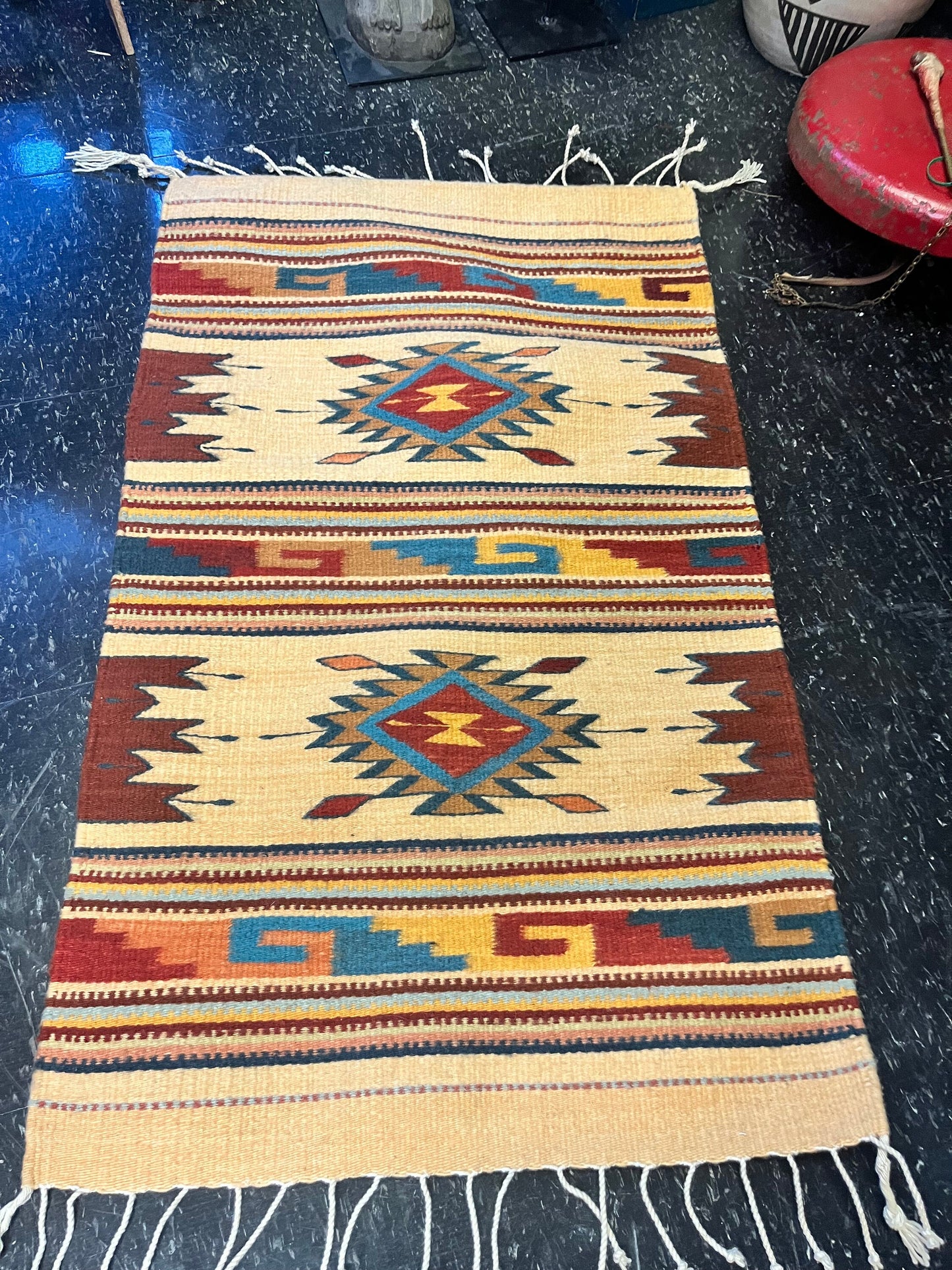 Stunning 43 x 23 authentic Navajo carpet or rug unique and wonderful colours and top quality in perfect condition
