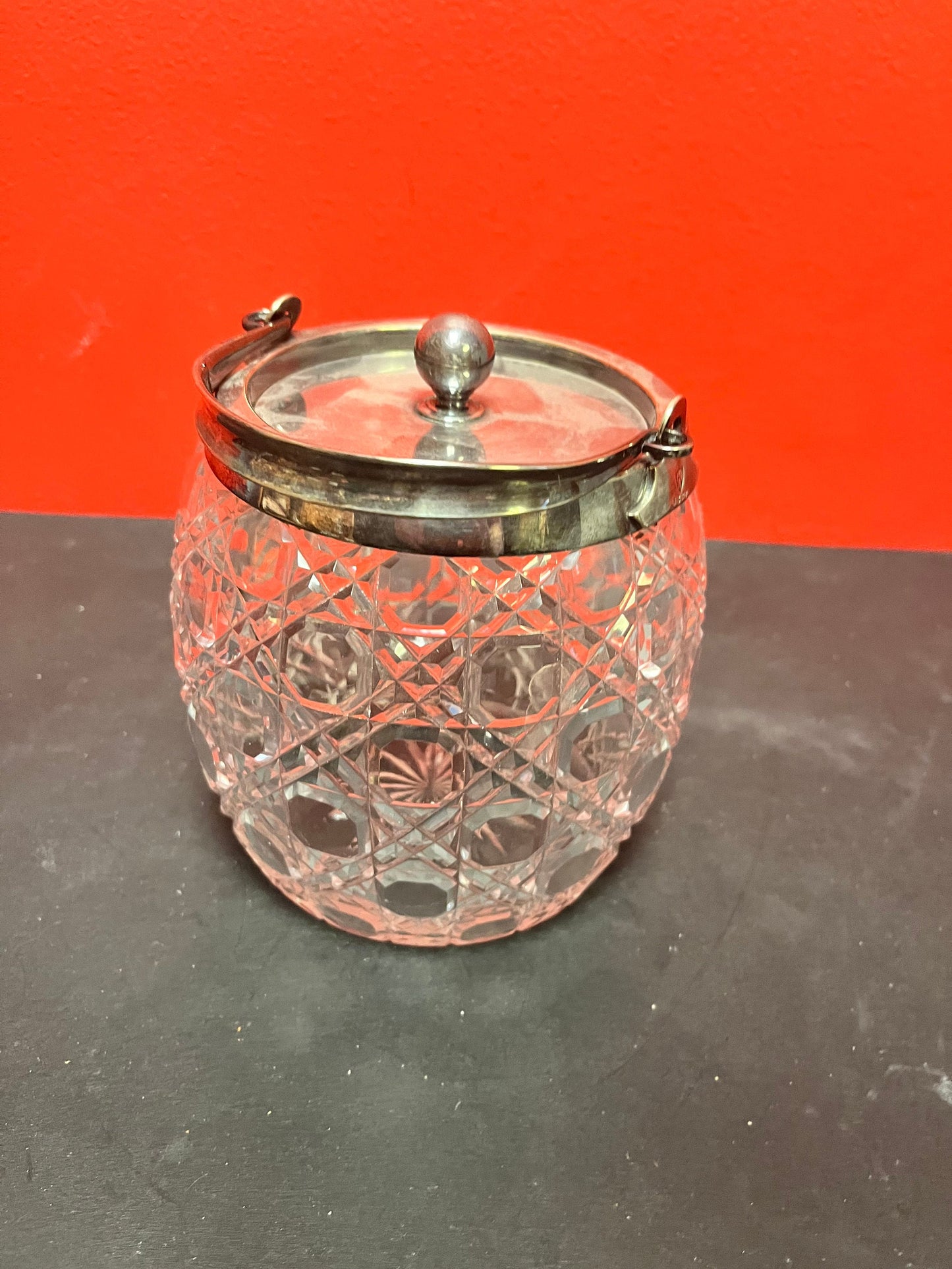 Lovely English silver plated and crystal 9 inch tall cookie jar perfect condition. a great gift or for your own home