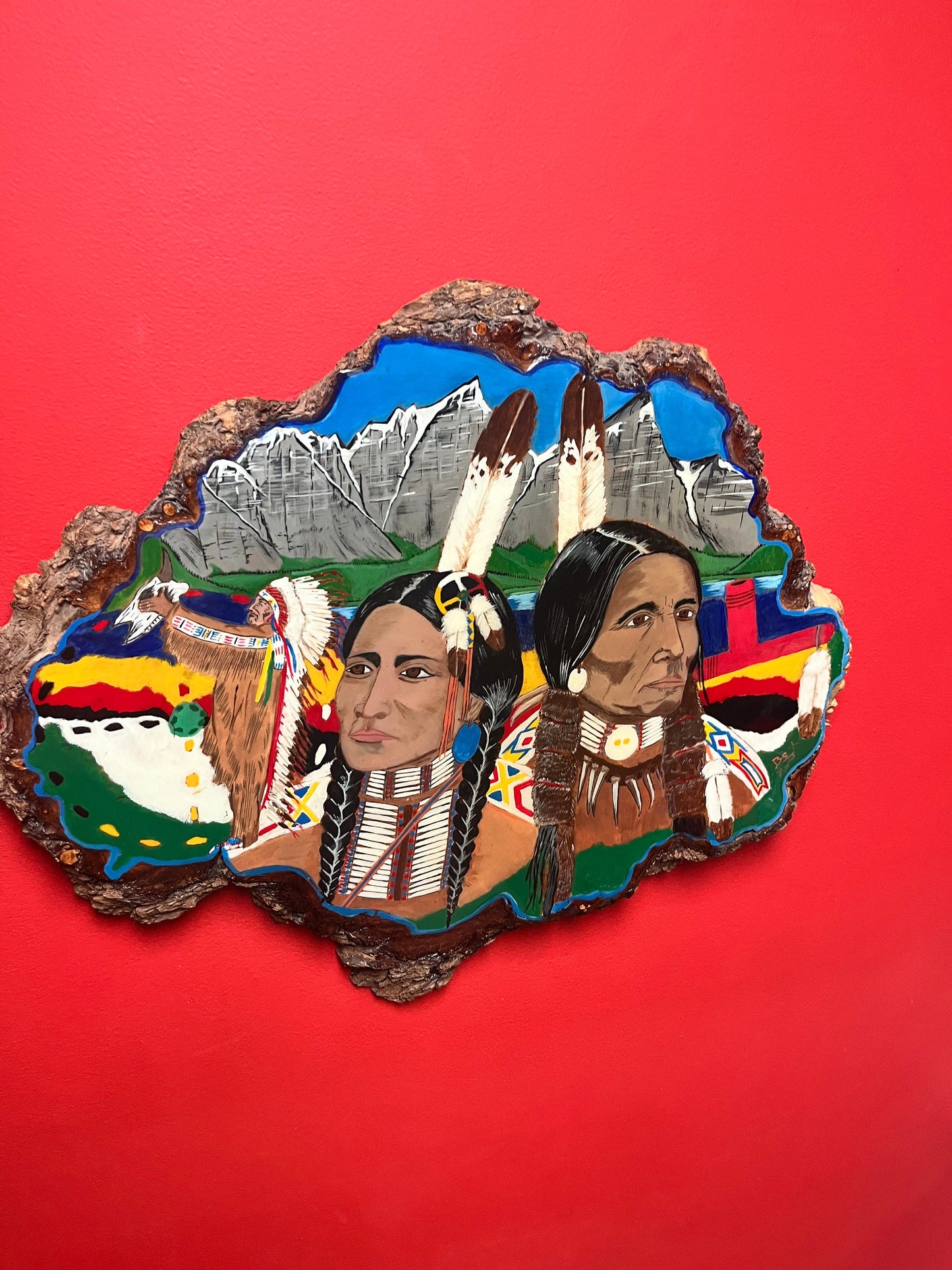 Stunning 24 x 19 tall indigenous first nations painted live edge wood burl fabulous imagery and ready to hang wow