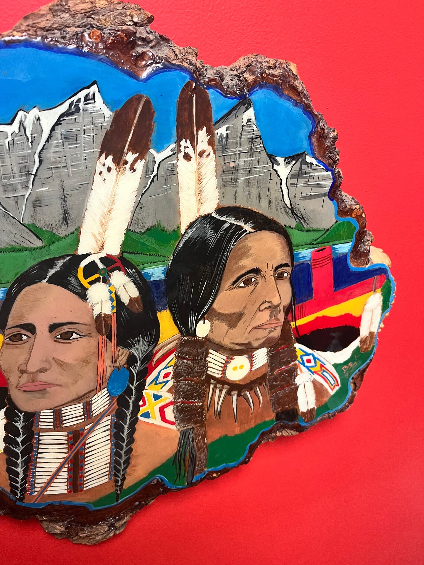 Stunning 24 x 19 tall indigenous first nations painted live edge wood burl fabulous imagery and ready to hang wow