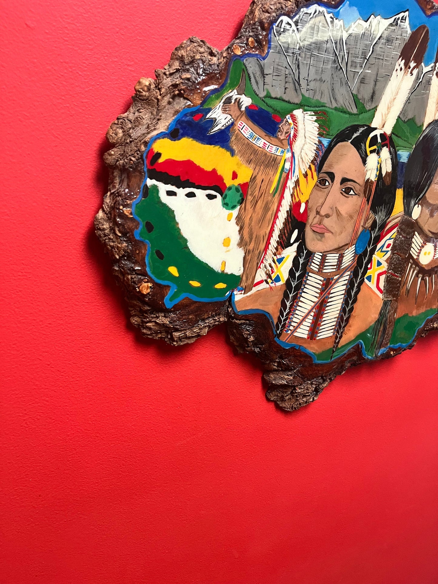 Stunning 24 x 19 tall indigenous first nations painted live edge wood burl fabulous imagery and ready to hang wow