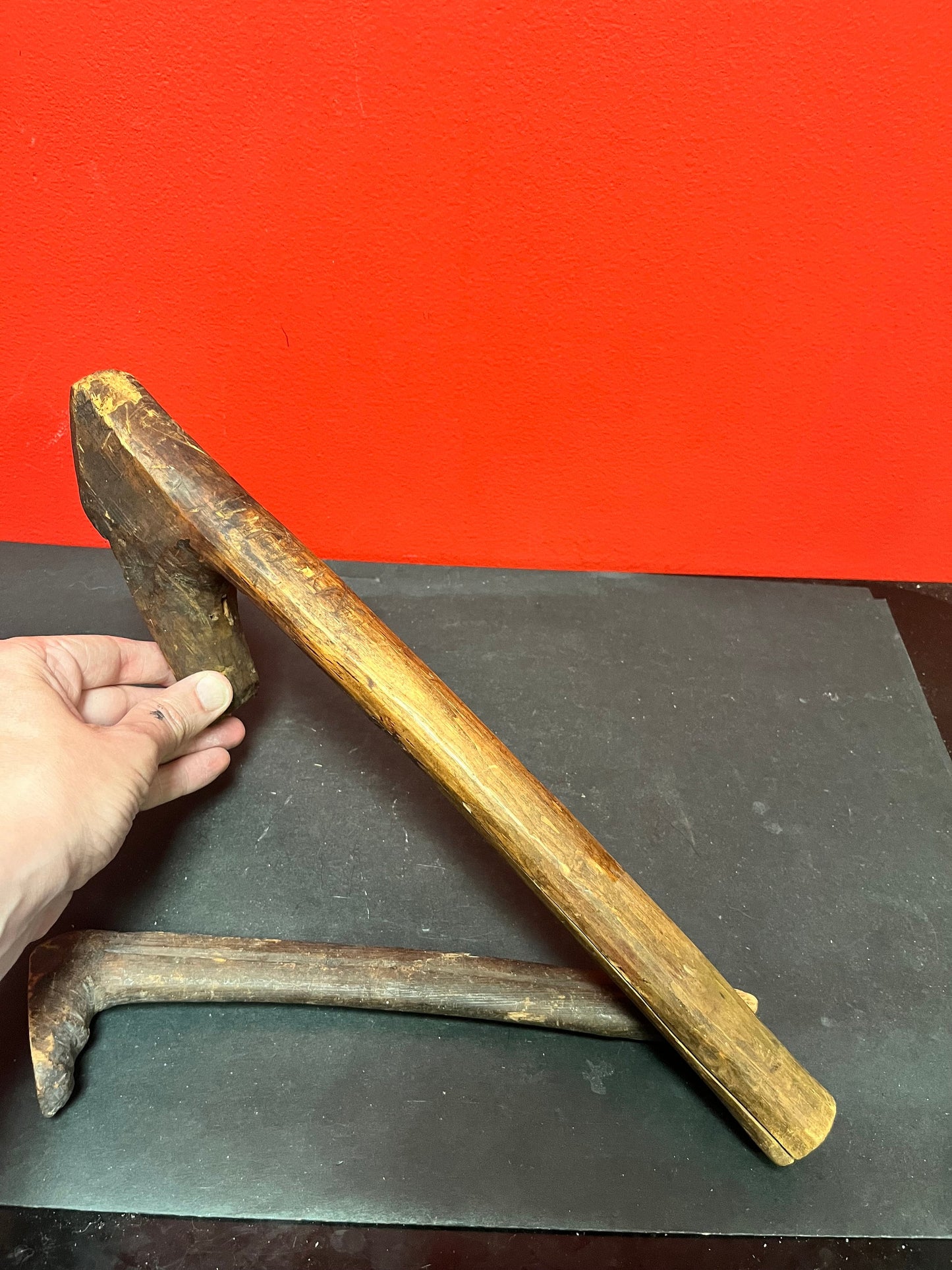 Antique 16 and 11 inch long indigenous first nations Pacific northwest Coast carving tools missing blades   both as is  great decoration